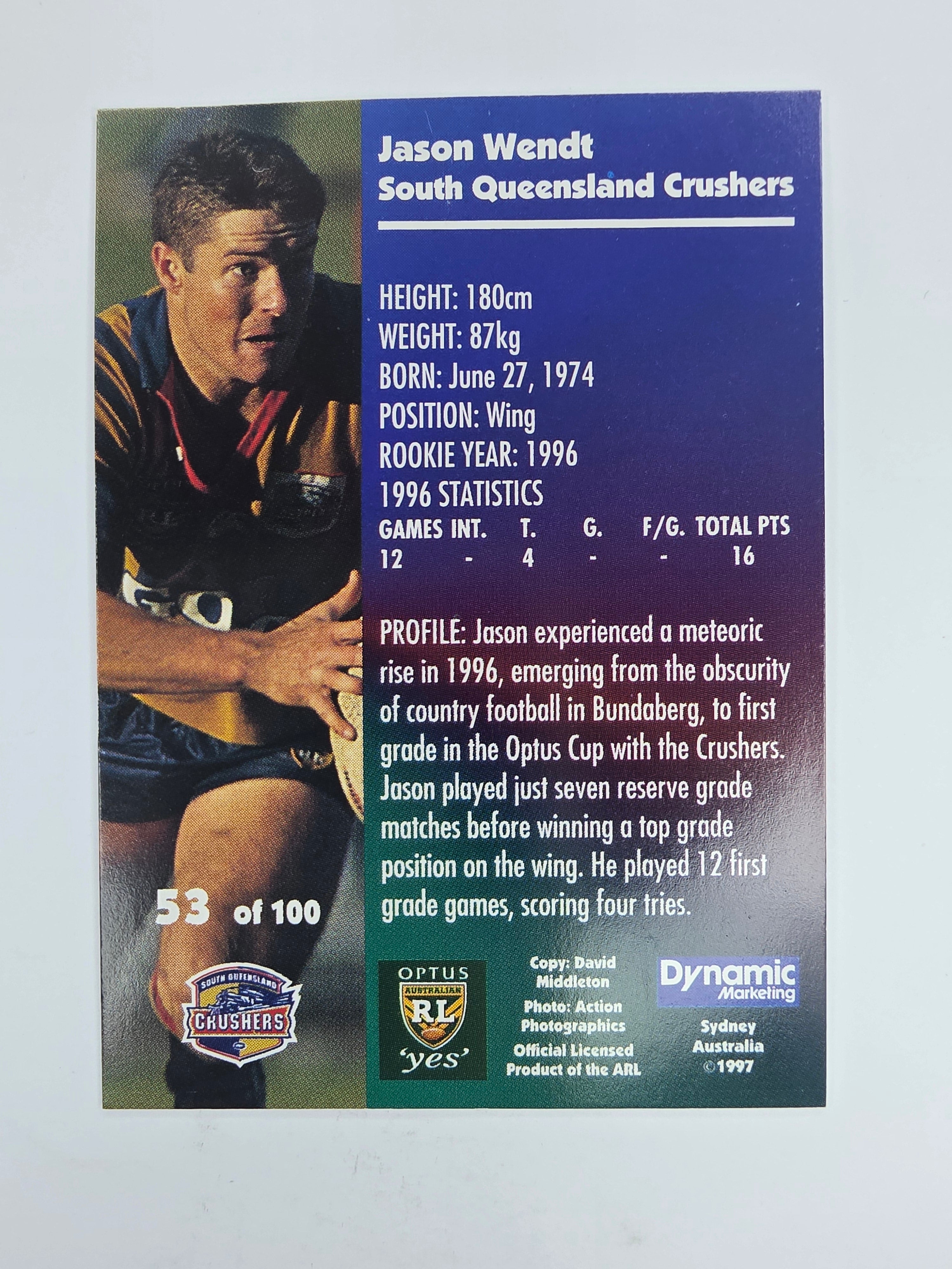 1997 Dynamic Fatty  Fun Pack Base Card #53 Jason Wendt South Queensland Crushers