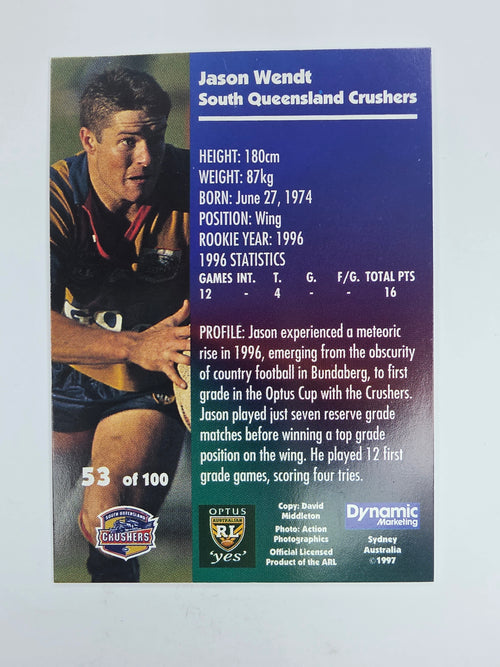 1997 Dynamic Fatty  Fun Pack Base Card #53 Jason Wendt South Queensland Crushers