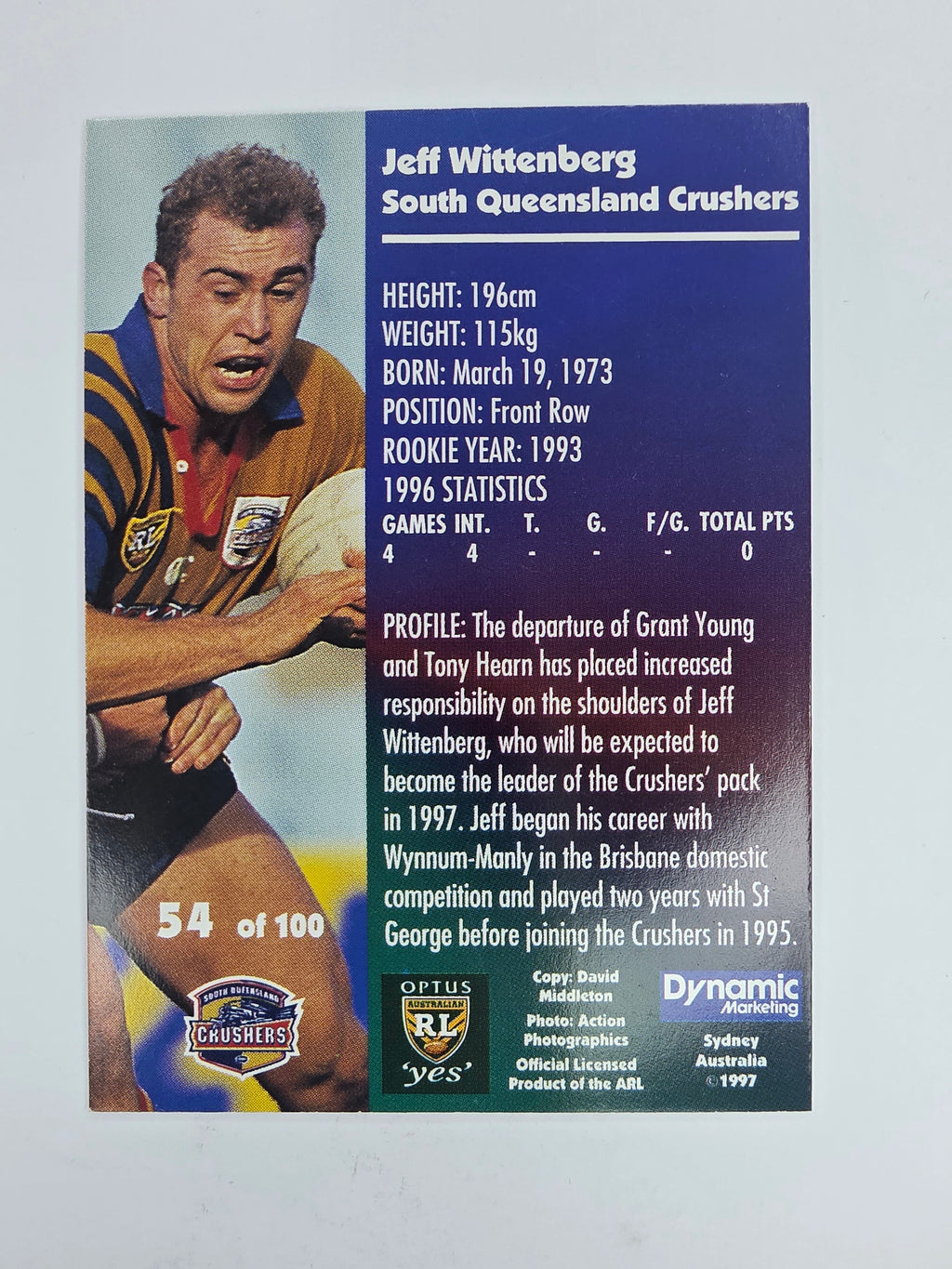1997 Dynamic Fatty  Fun Pack Base Card #54 Jeff Wittenberg South Queensland Crushers