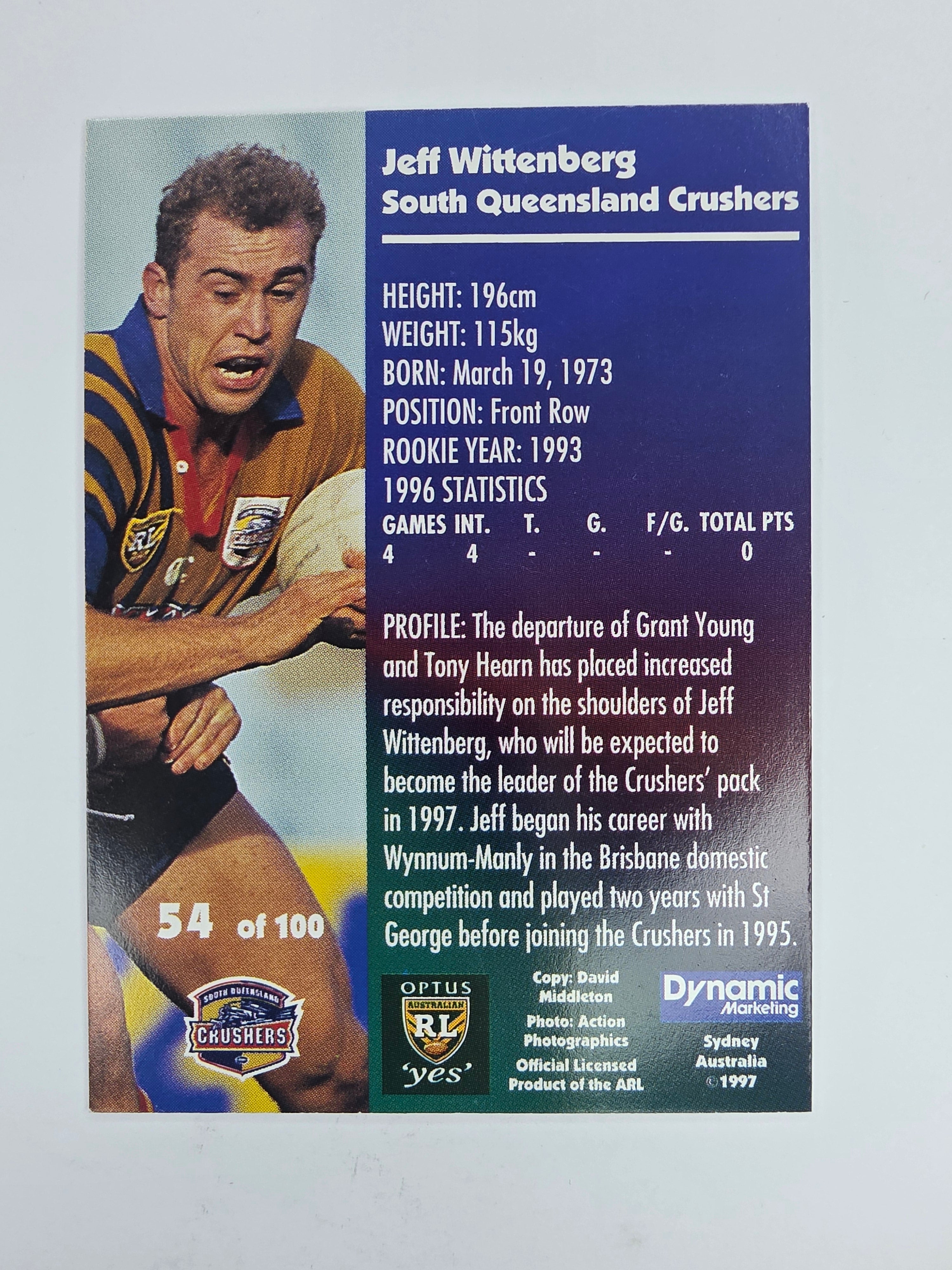 1997 Dynamic Fatty  Fun Pack Base Card #54 Jeff Wittenberg South Queensland Crushers