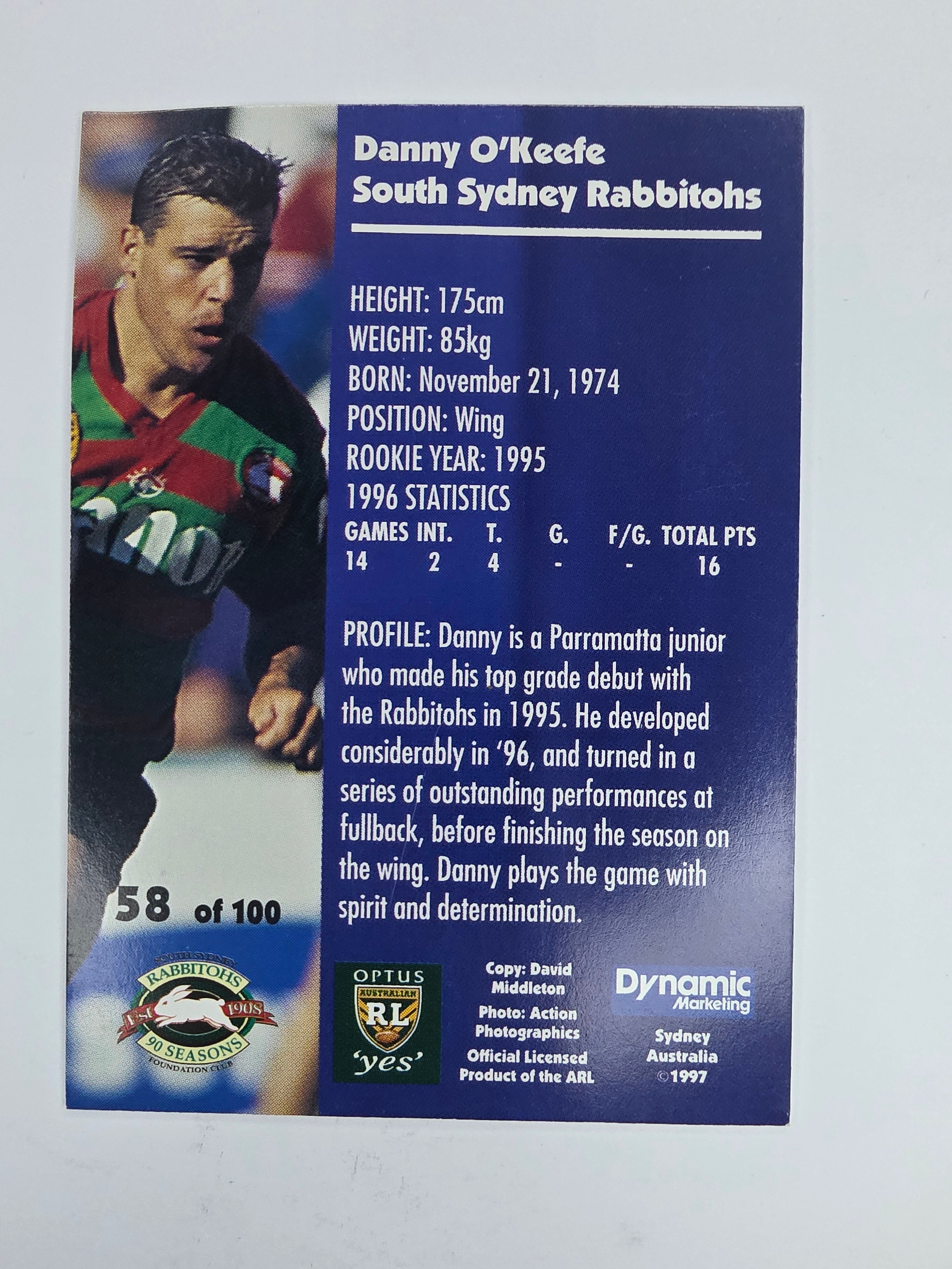 1997 Dynamic Fatty  Fun Pack Base Card #58 Danny O'Keefe South Sydney Rabbitohs