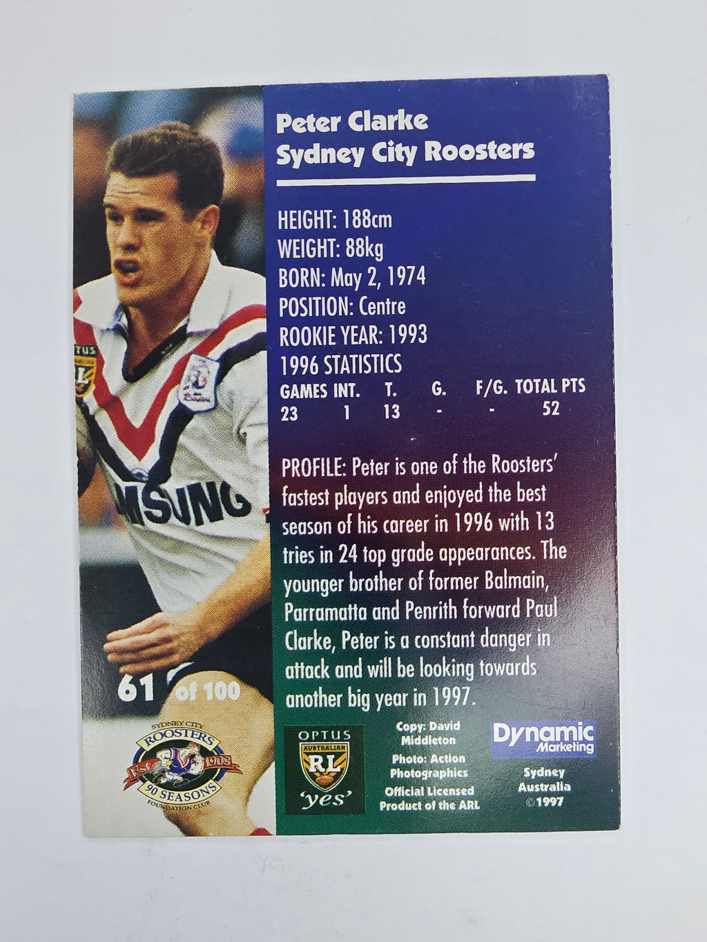 1997 Dynamic Fatty  Fun Pack Base Card #61 Peter Clarke Eastern Suburbs Roosters