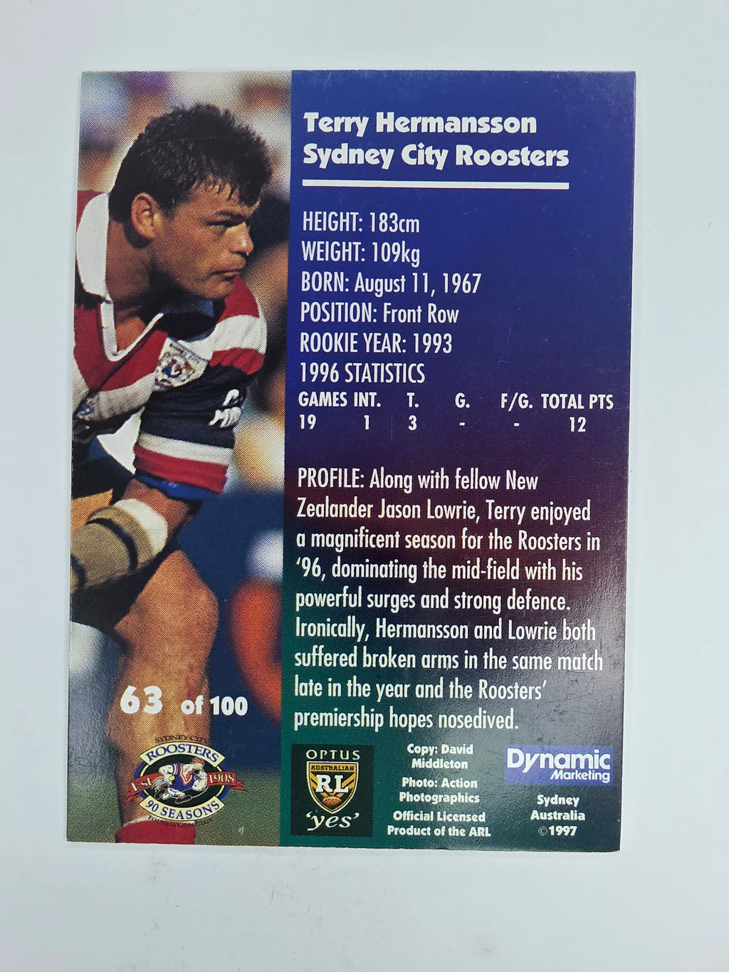 1997 Dynamic Fatty  Fun Pack Base Card #63 Terry Hermansson Eastern Suburbs Roosters