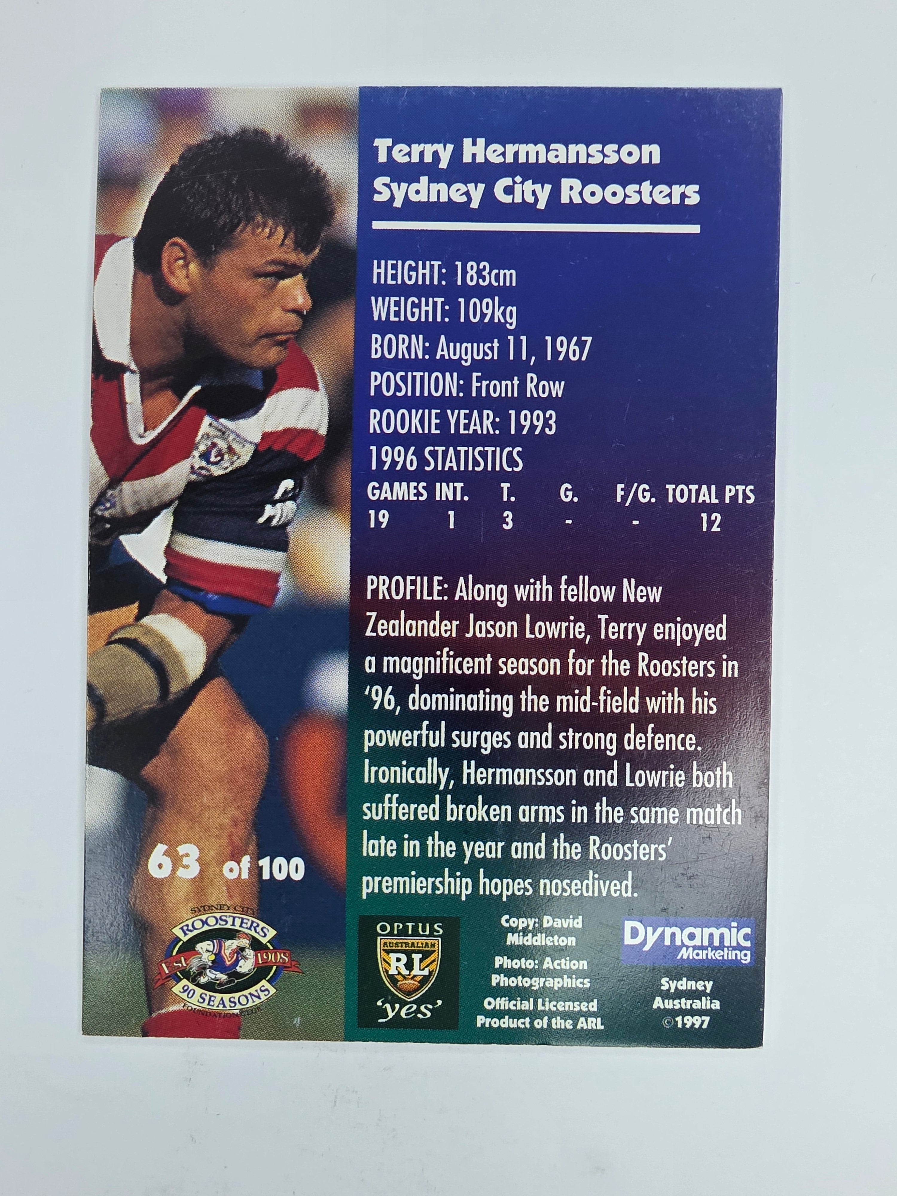 1997 Dynamic Fatty  Fun Pack Base Card #63 Terry Hermansson Eastern Suburbs Roosters