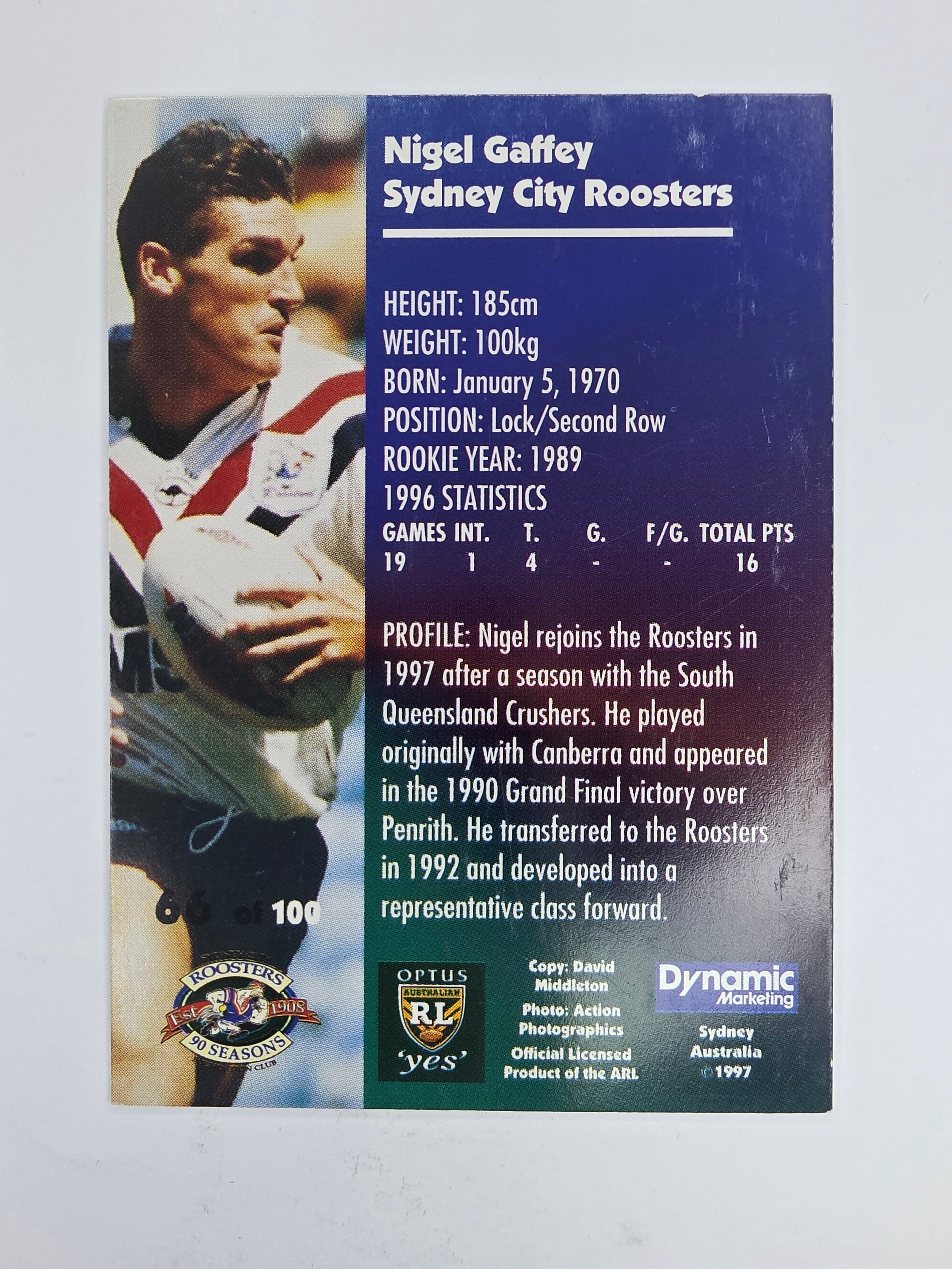1997 Dynamic Fatty  Fun Pack Base Card #66 Nigel Gaffey Eastern Suburbs Roosters