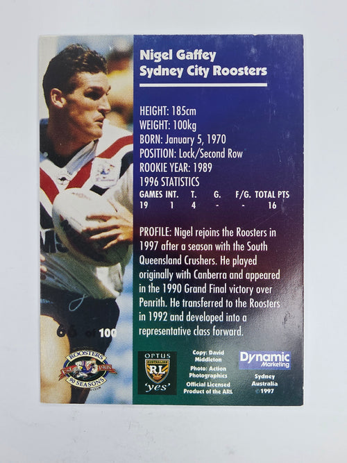 1997 Dynamic Fatty  Fun Pack Base Card #66 Nigel Gaffey Eastern Suburbs Roosters