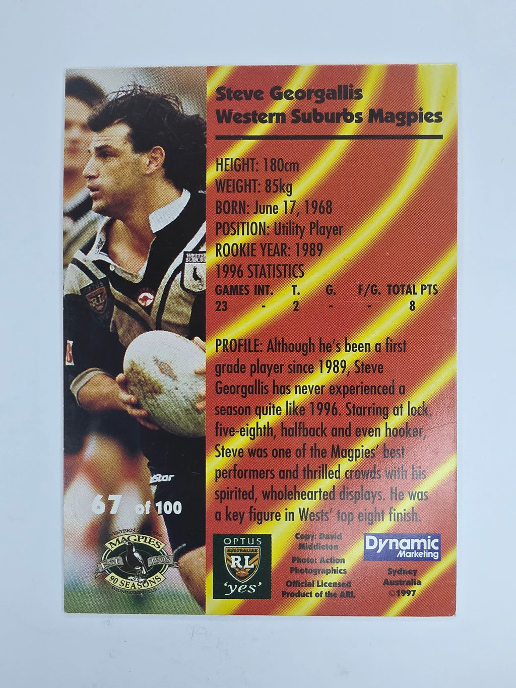 1997 Dynamic Fatty  Fun Pack Base Card #67 Steve Georgallis Western Suburbs Magpies