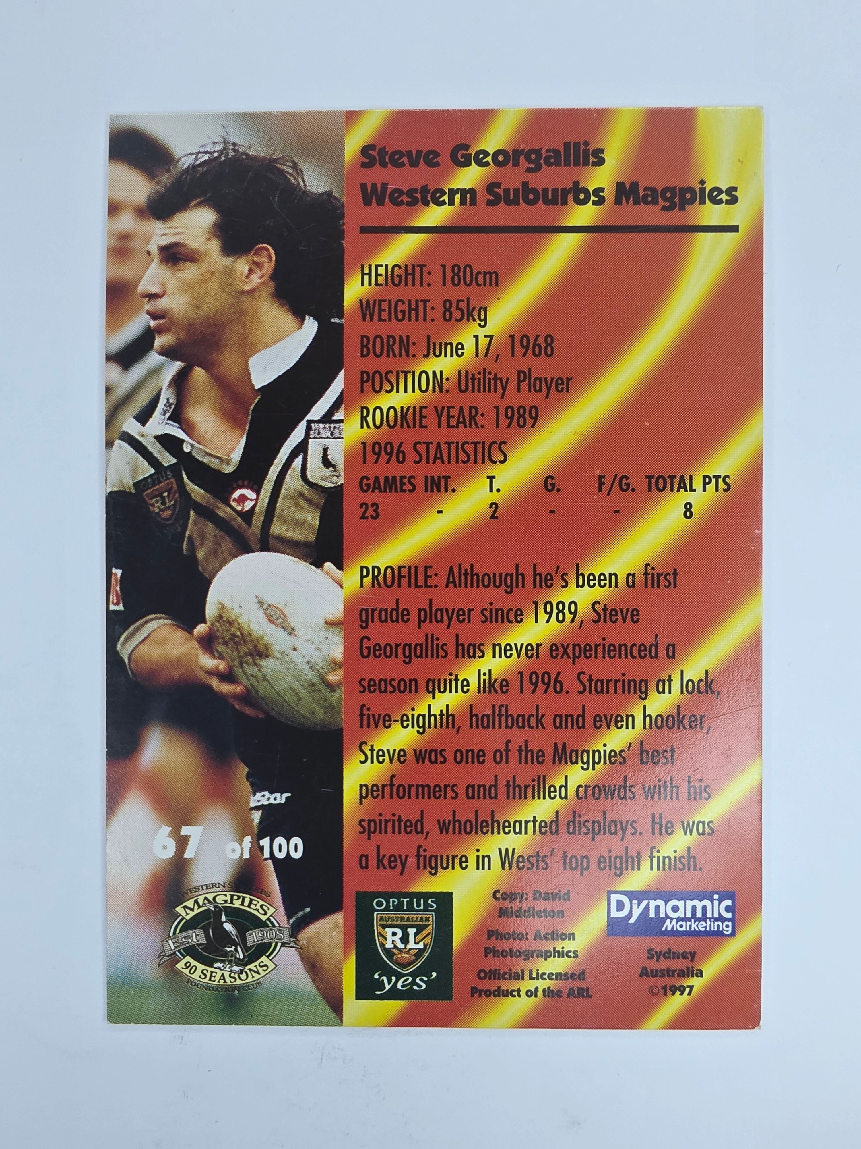 1997 Dynamic Fatty  Fun Pack Base Card #67 Steve Georgallis Western Suburbs Magpies