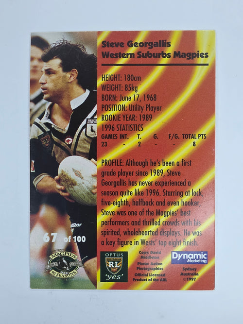 1997 Dynamic Fatty  Fun Pack Base Card #67 Steve Georgallis Western Suburbs Magpies