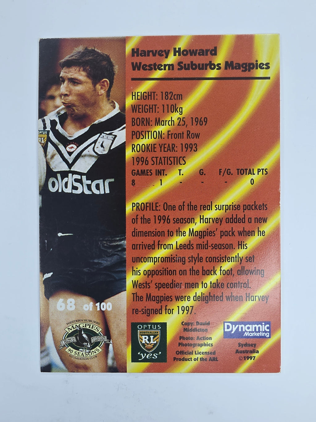 1997 Dynamic Fatty  Fun Pack Base Card #68 Harvey Howard Western Suburbs Magpies