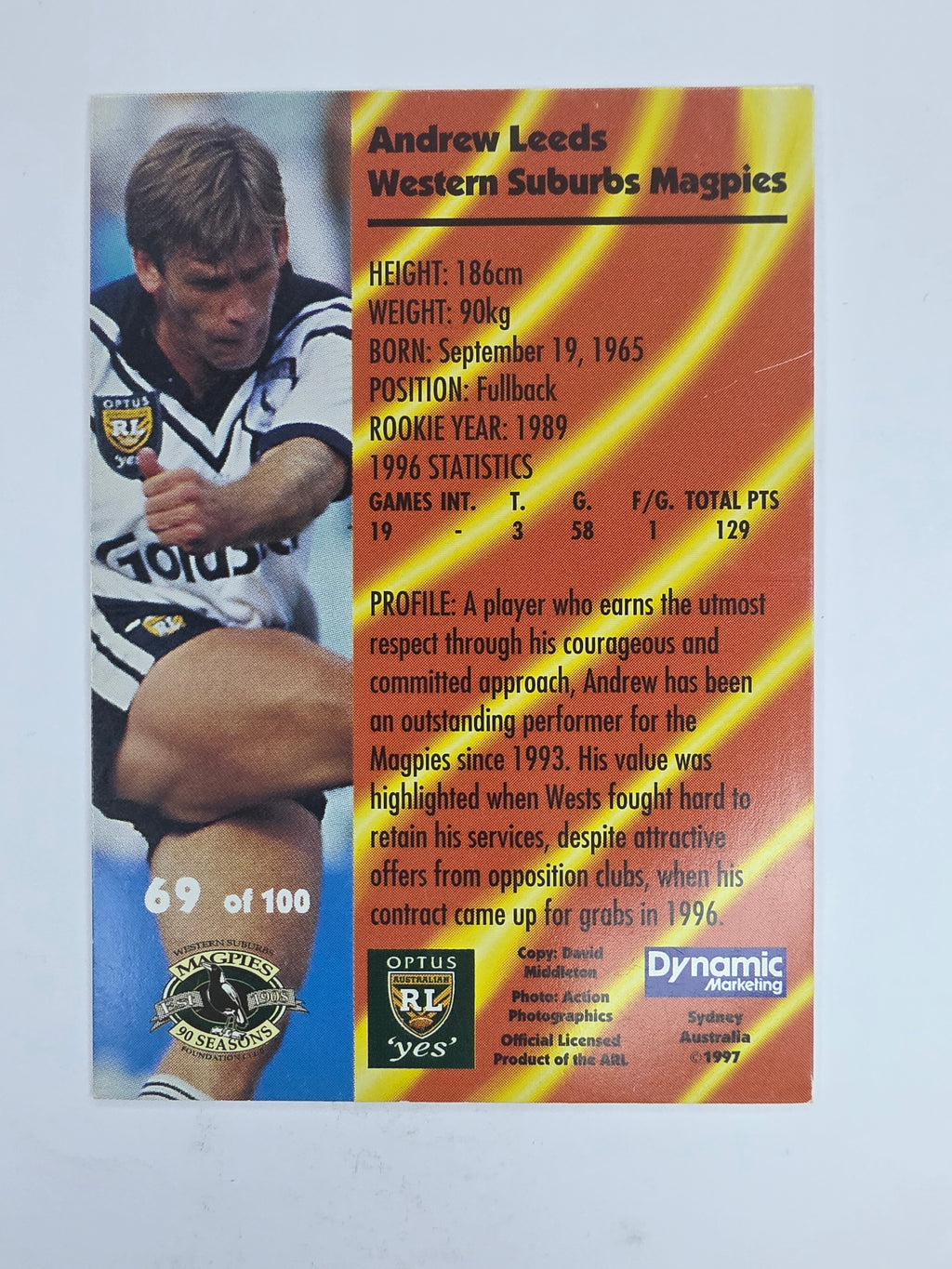 1997 Dynamic Fatty  Fun Pack Base Card #69 Andrew Leeds Western Suburbs Magpies