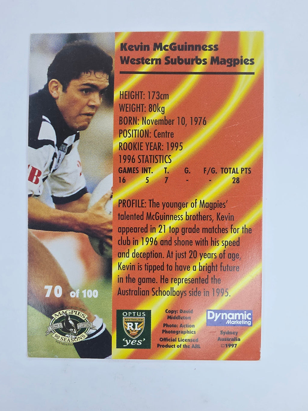 1997 Dynamic Fatty  Fun Pack Base Card #70 Kevin McGuinness Western Suburbs Magpies