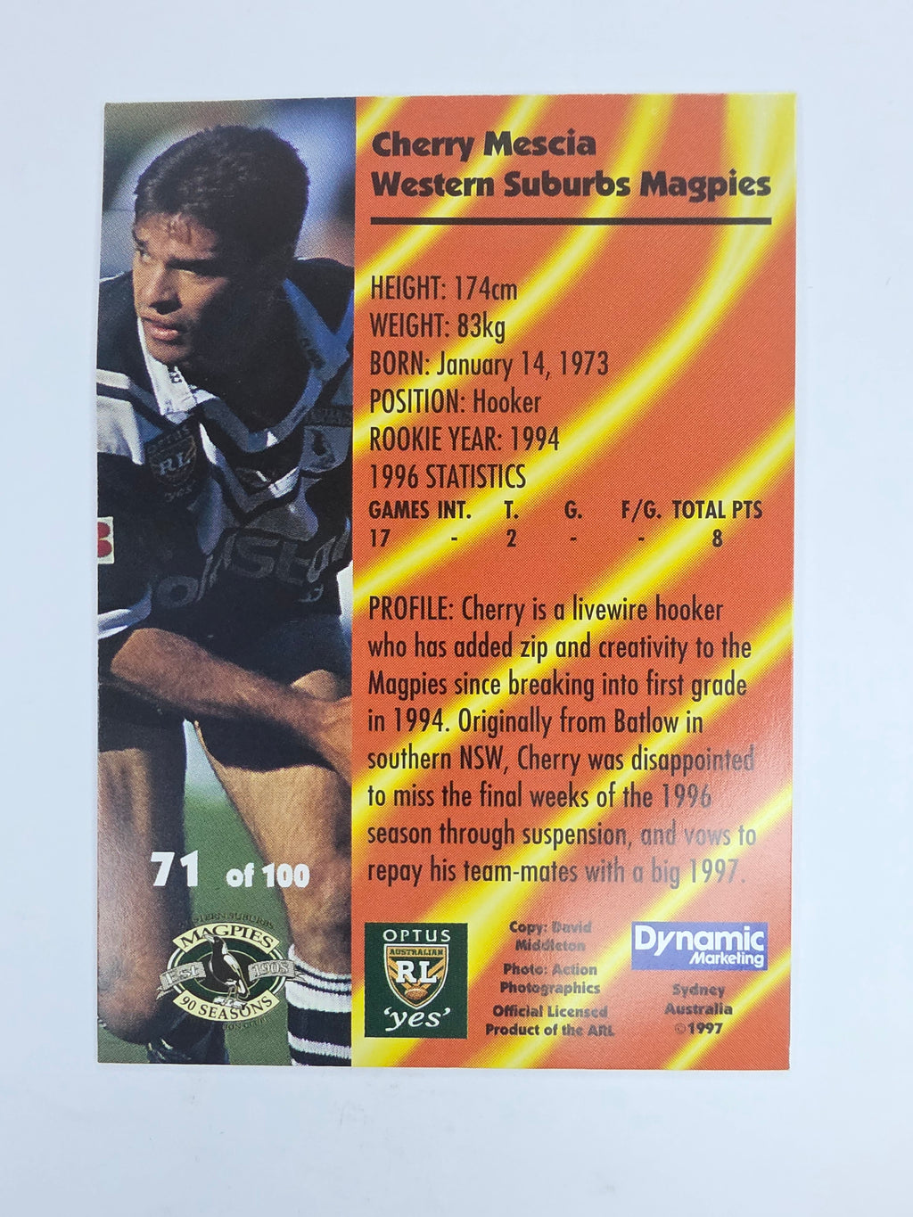 1997 Dynamic Fatty  Fun Pack Base Card #71 Cherry Mescia Western Suburbs Magpies