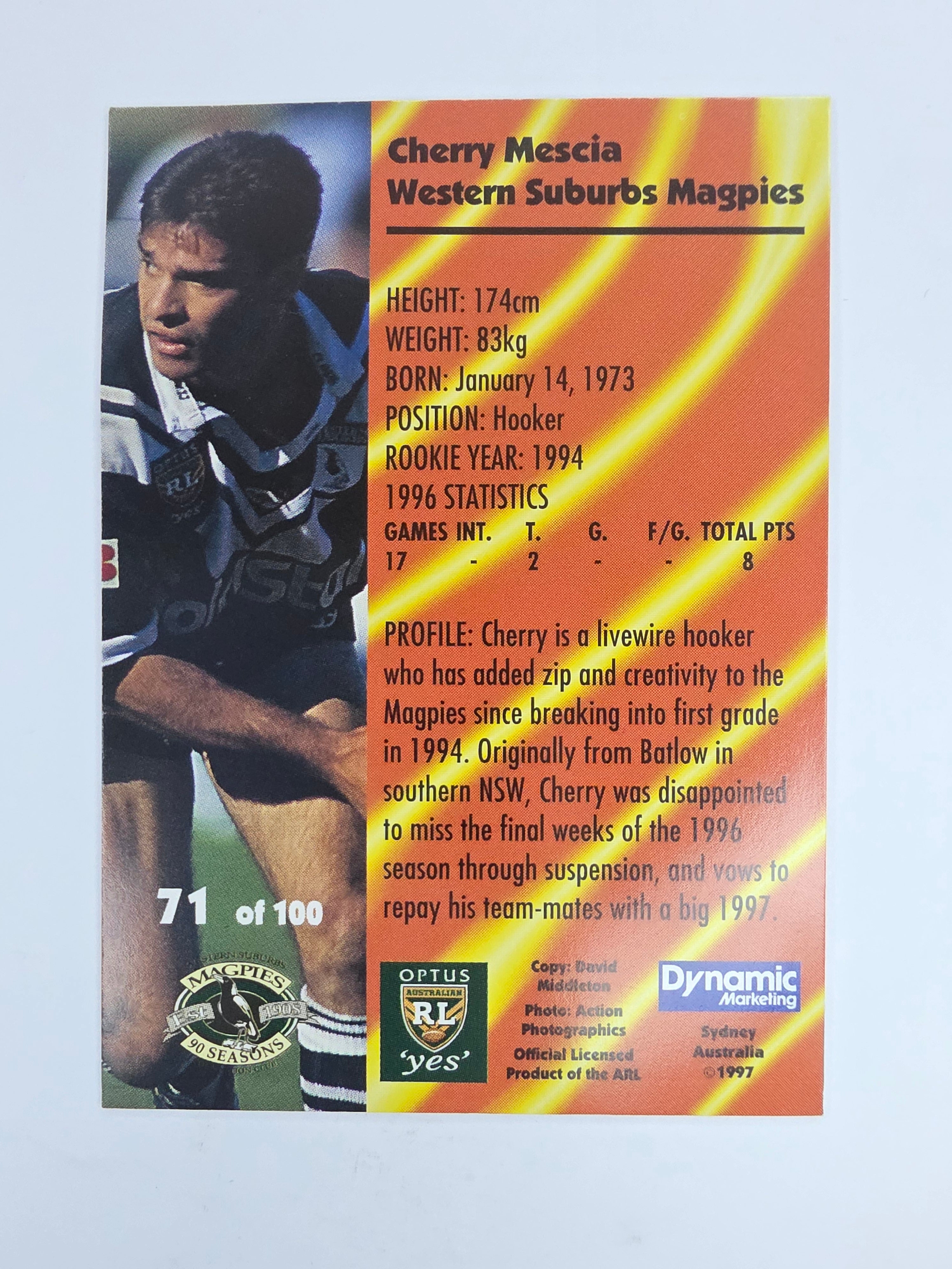 1997 Dynamic Fatty  Fun Pack Base Card #71 Cherry Mescia Western Suburbs Magpies