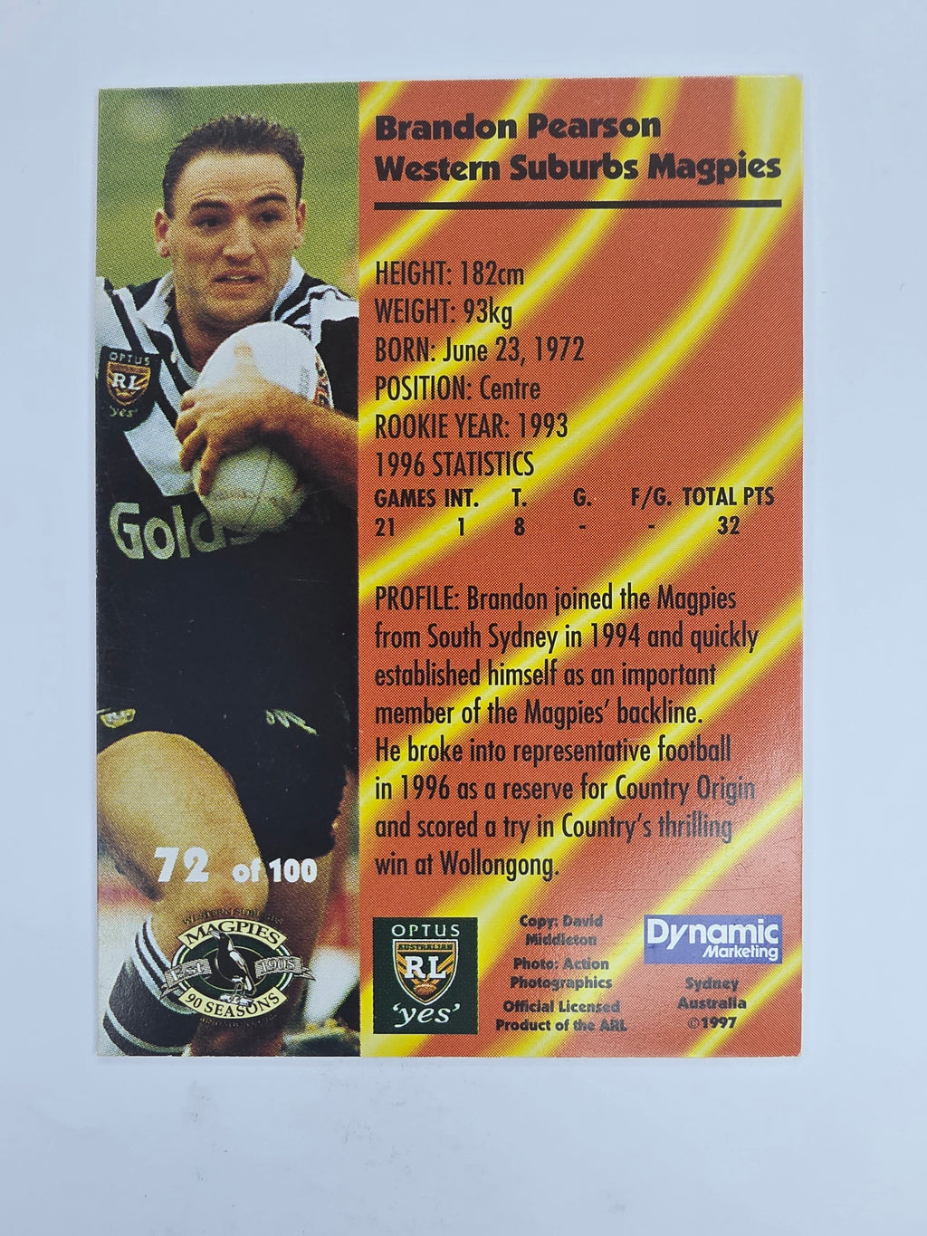 1997 Dynamic Fatty  Fun Pack Base Card #72 Brandon Pearson Western Suburbs Magpies