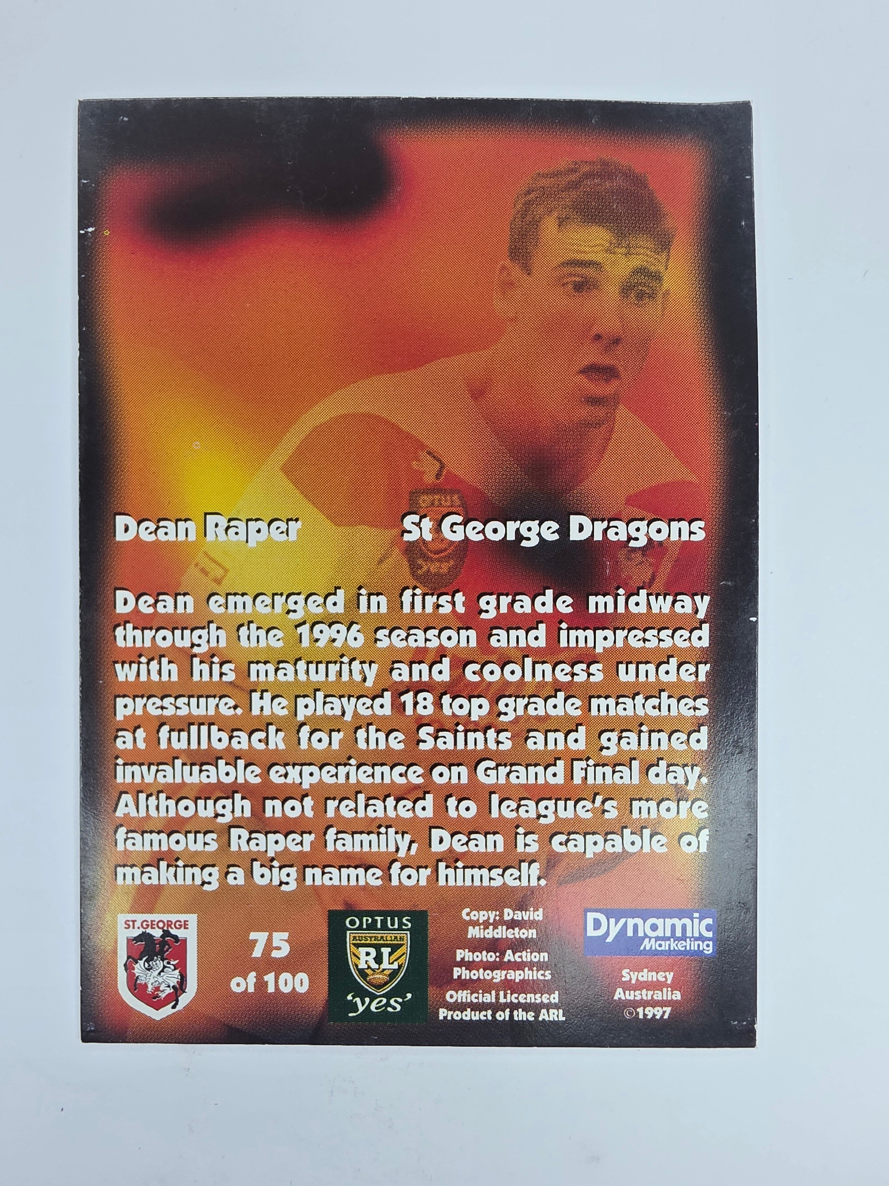1997 Dynamic Fatty  Fun Pack Base Card #75 Dean Raper St George Dragons