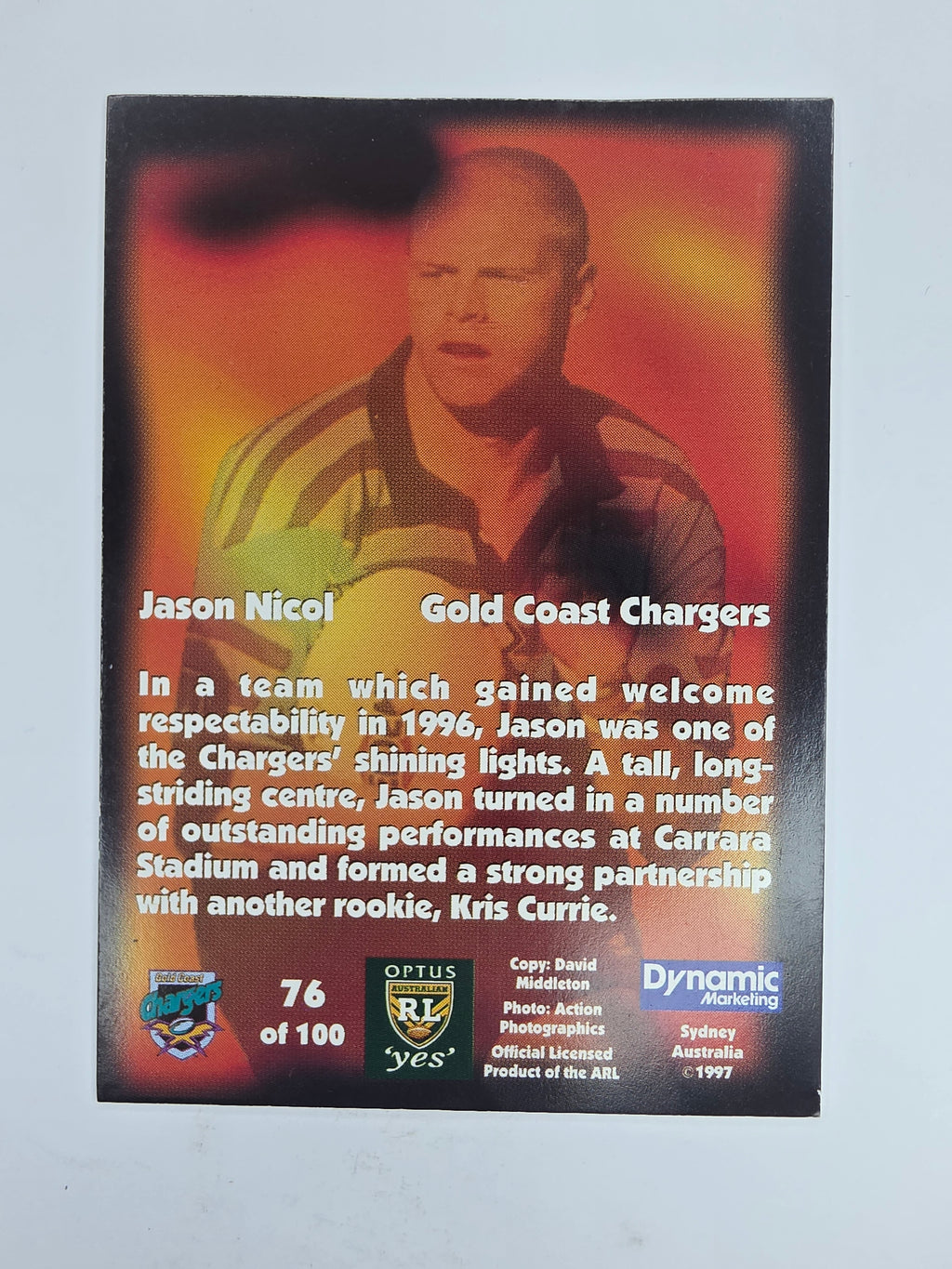 1997 Dynamic Fatty  Fun Pack Base Card #76 Jason Nicol Gold Coast Chargers