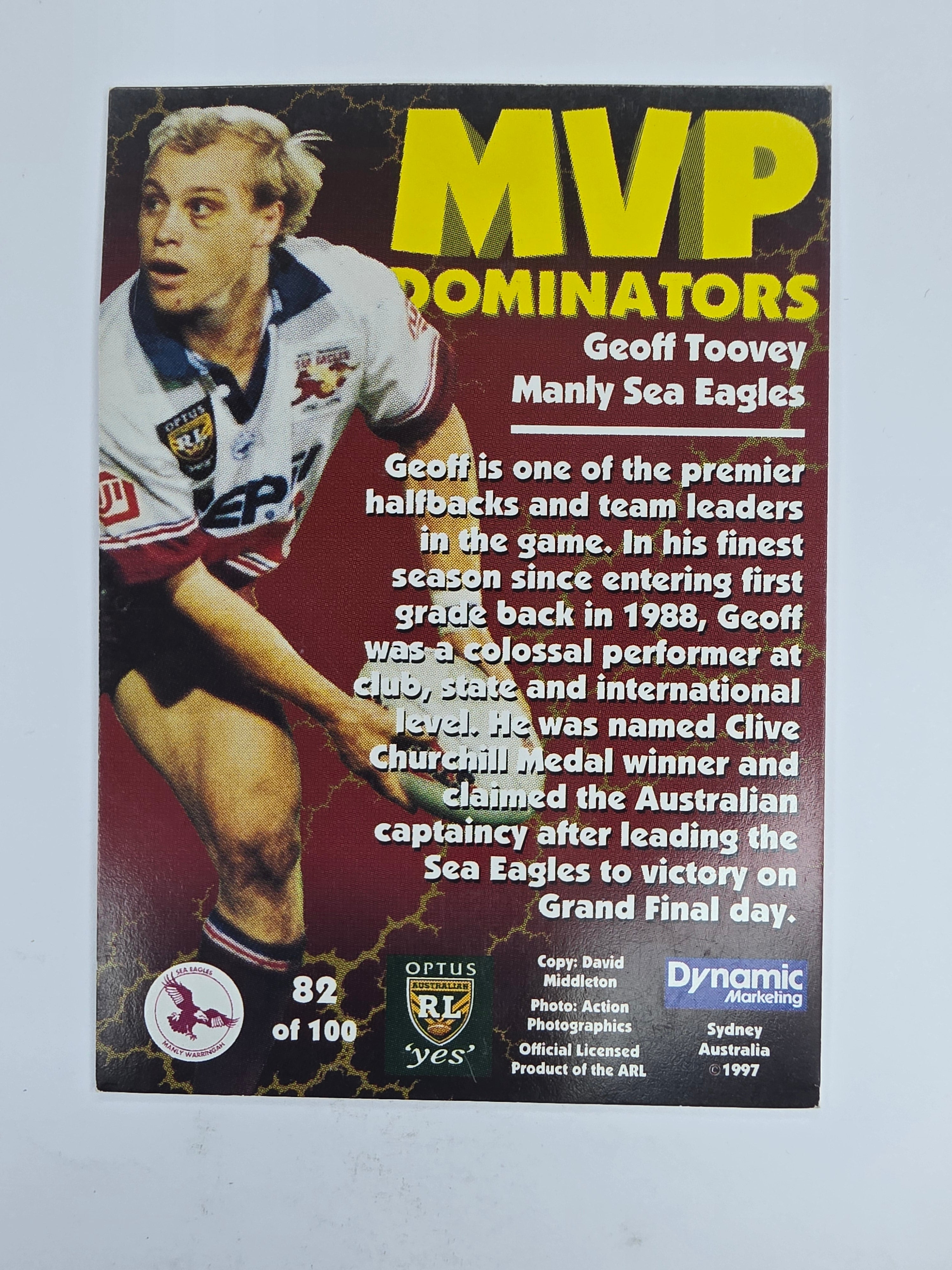 1997 Dynamic Fatty  Fun Pack Base Card #82 Geoff Toovey Manly Warringah Sea Eagles