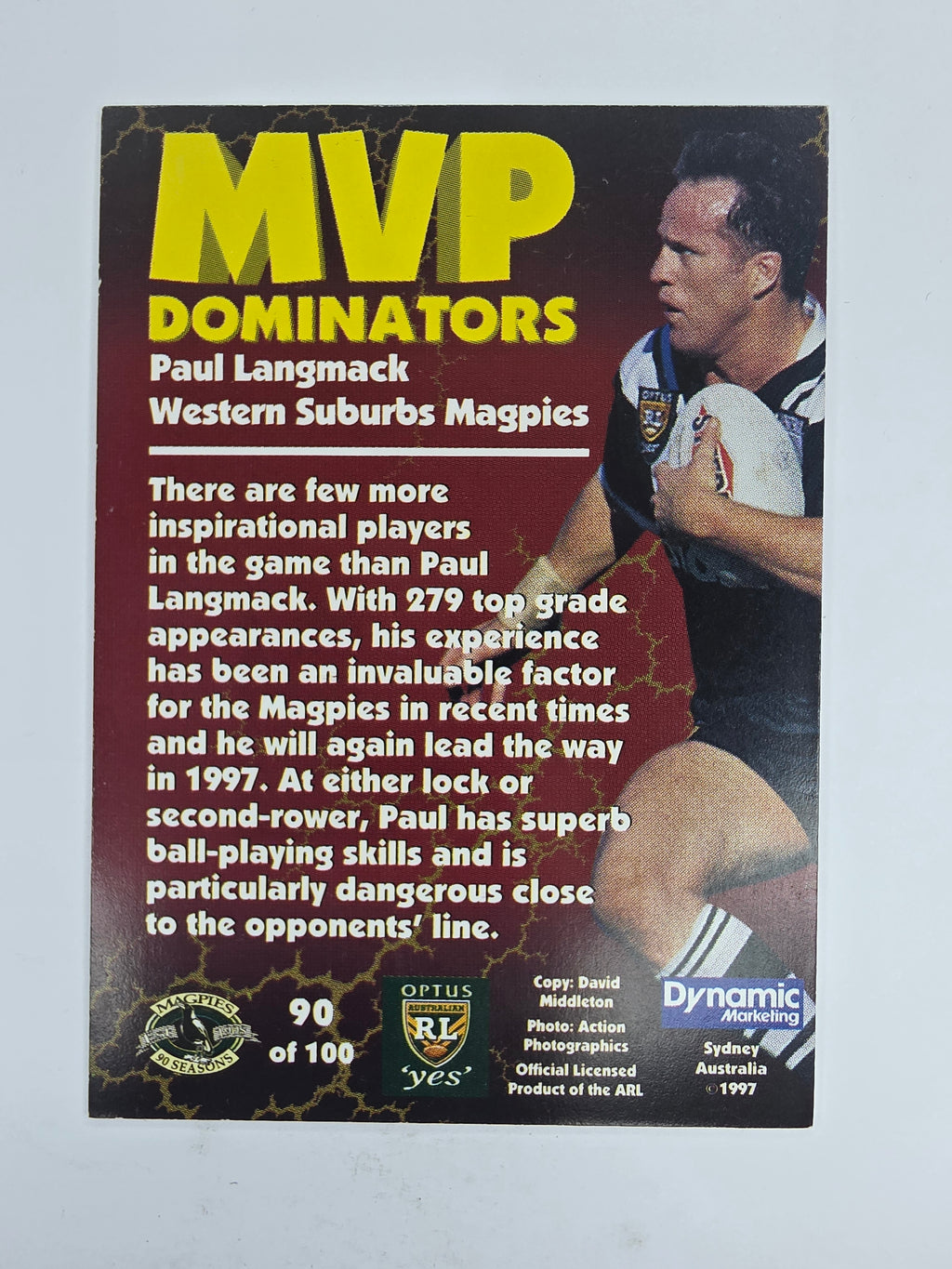 1997 Dynamic Fatty  Fun Pack Base Card #90 Paul Langmack Western Suburbs Magpies