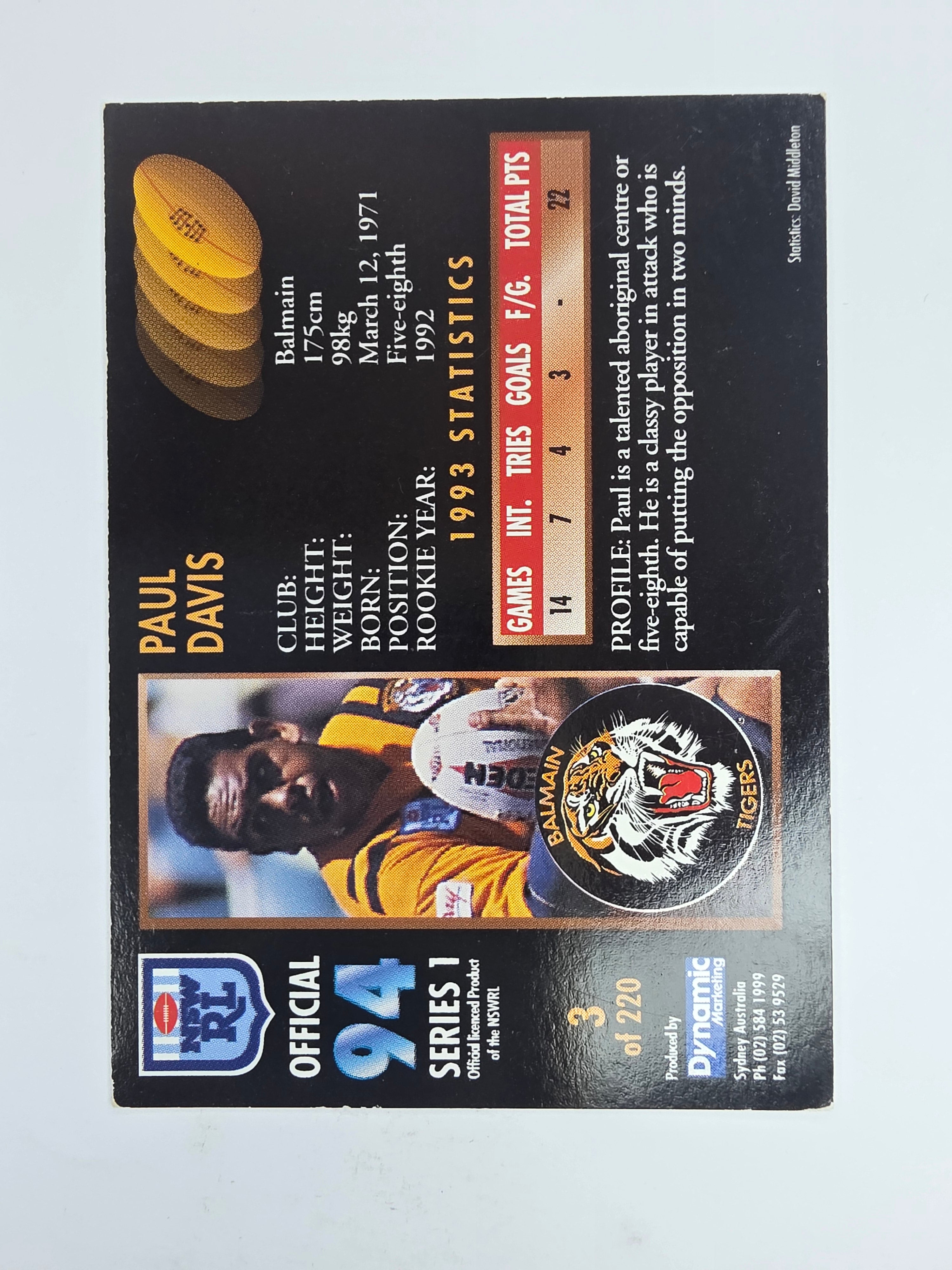 1994 Dynamic Series 1 Base Card #3 Paul Davis Balmain Tigers