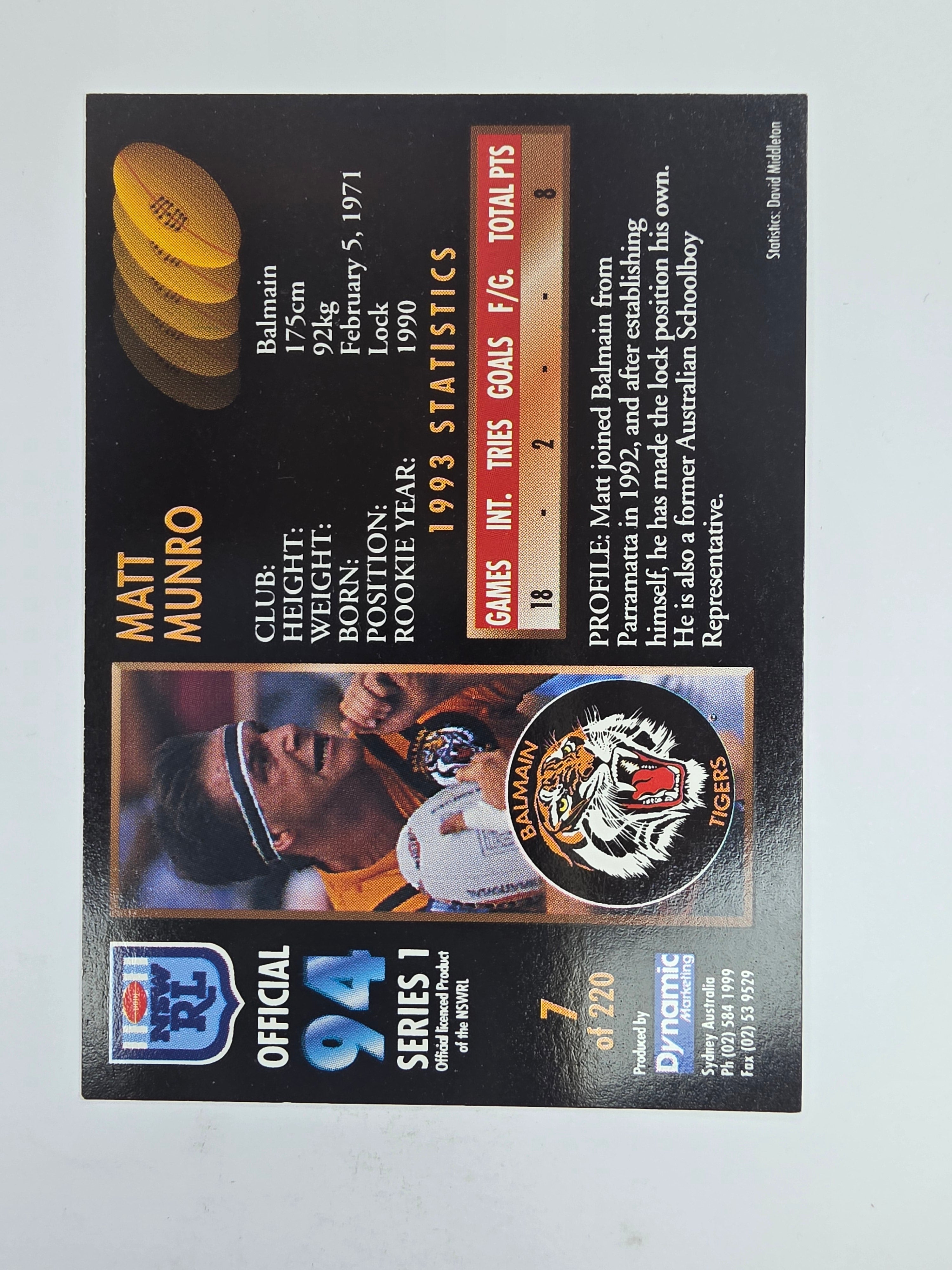 1994 Dynamic Series 1 Base Card #7 Matt Munro Balmain Tigers