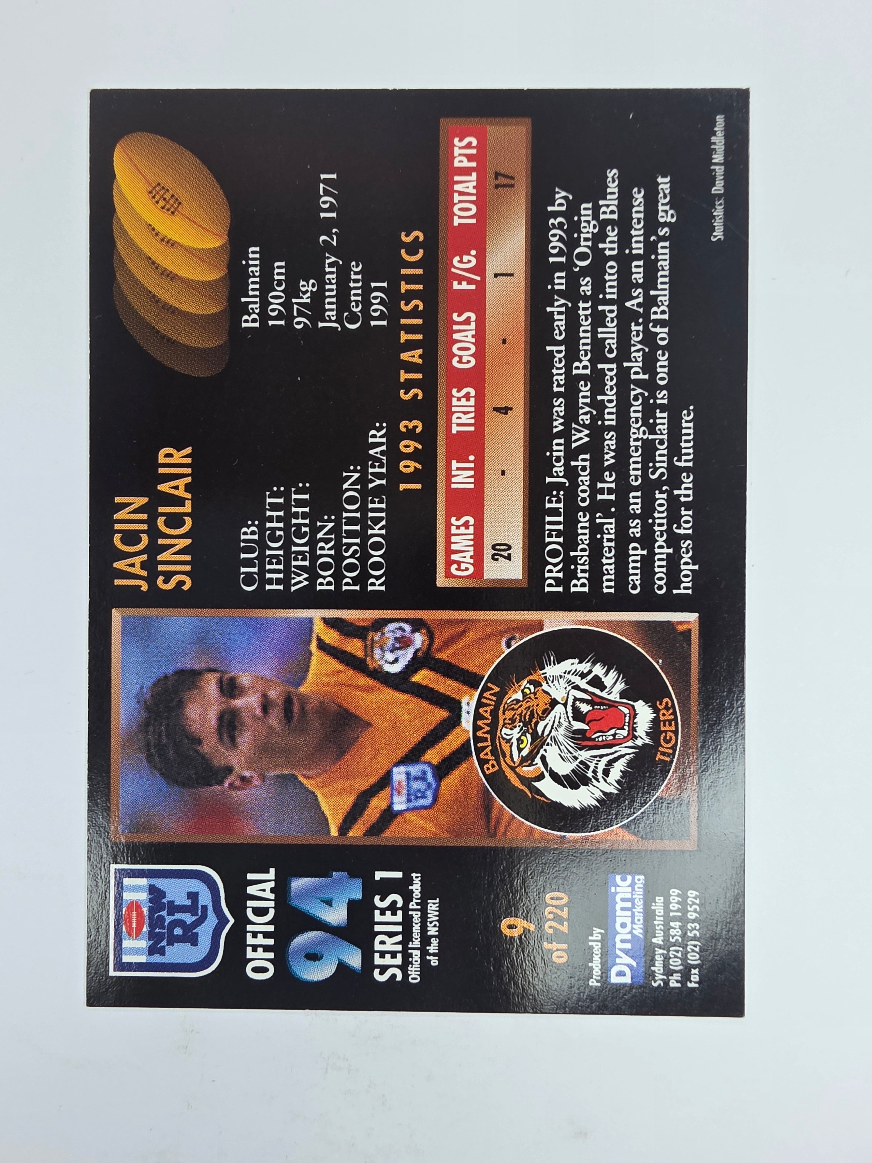 1994 Dynamic Series 1 Base Card #9 Jacin Sinclair Balmain Tigers