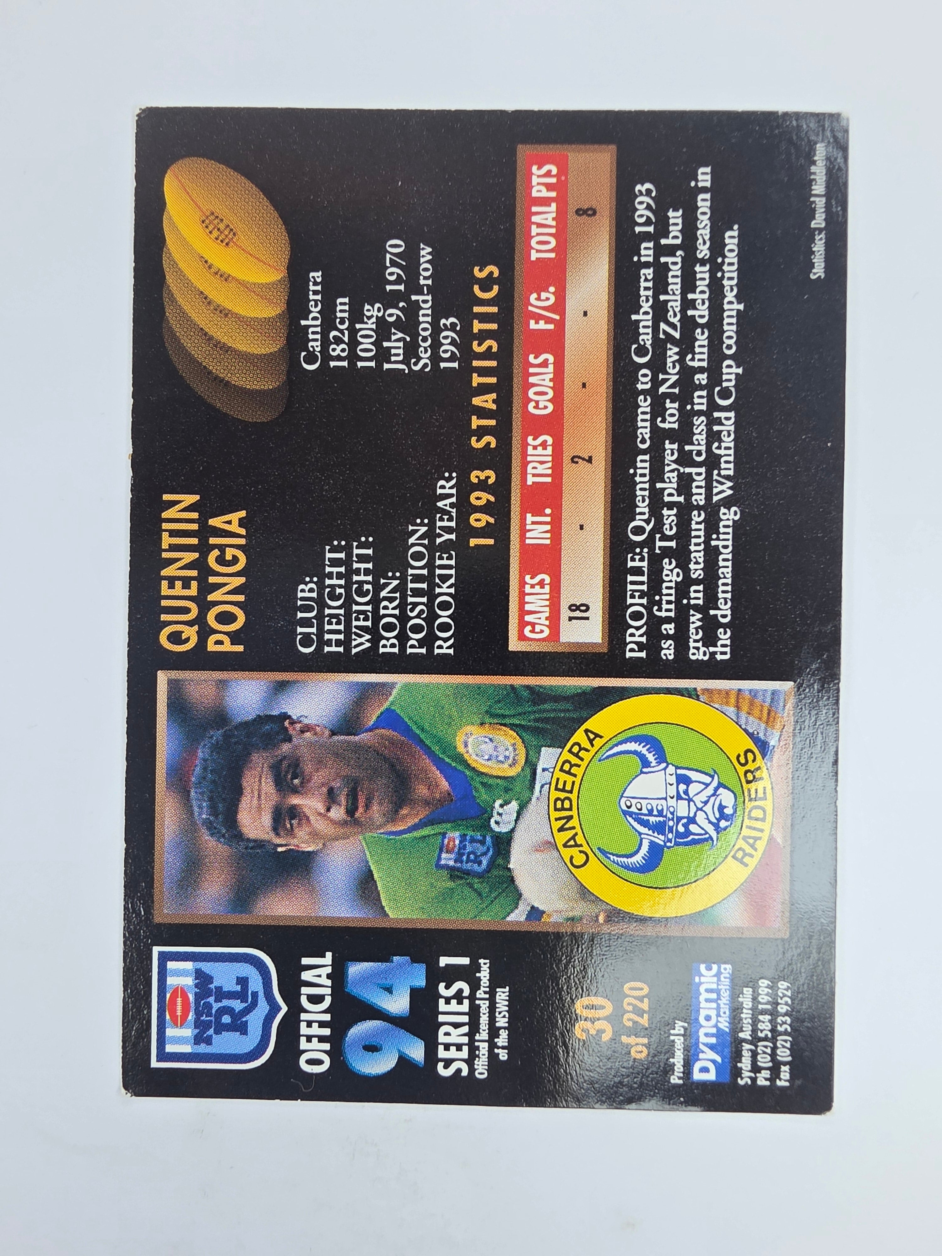 1994 Dynamic Series 1 Base Card #30 Quentin Pongia Canberra Raiders