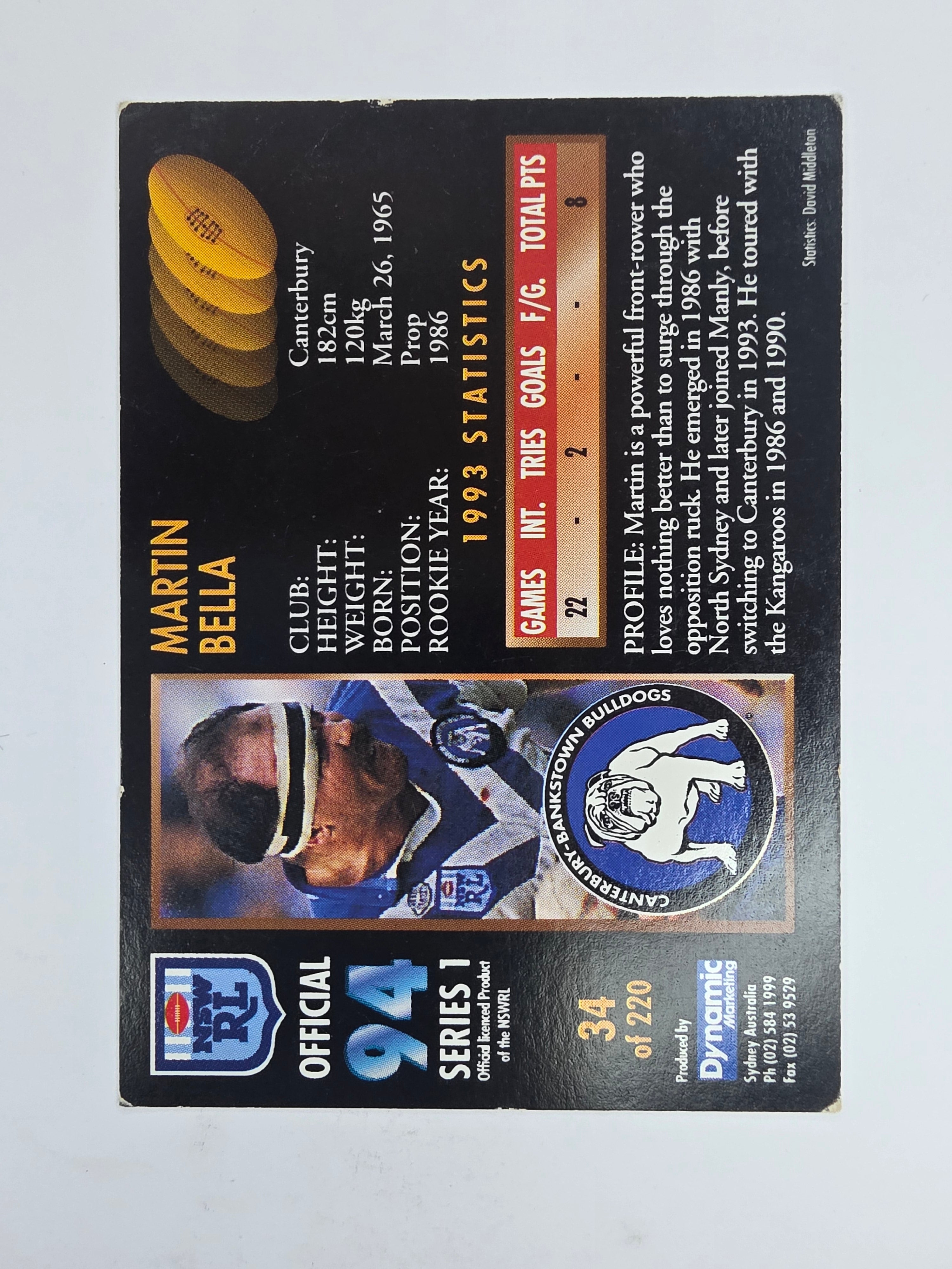 1994 Dynamic Series 1 Base Card #34 Martin Bella Canterbury Bankstown Bulldogs