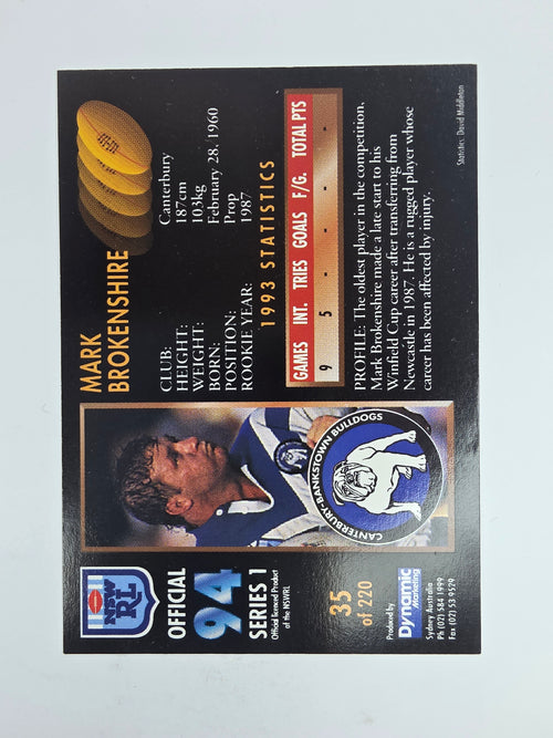 1994 Dynamic Series 1 Base Card #35 Mark Brokenshire Canterbury Bankstown Bulldogs