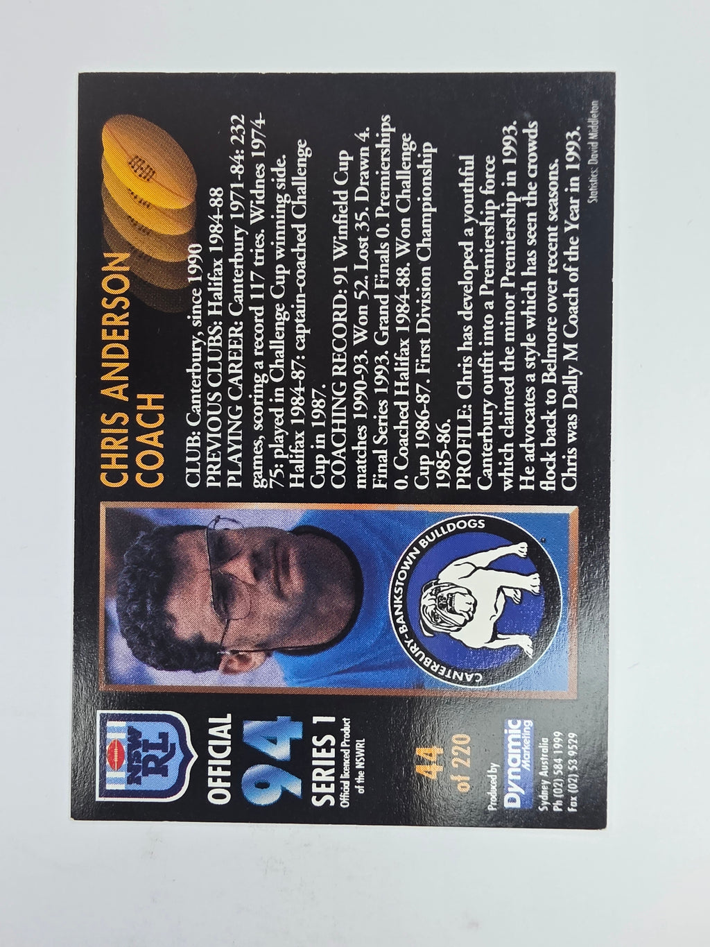 1994 Dynamic Series 1 Base Card #44 Chris Anderson Canterbury Bankstown Bulldogs