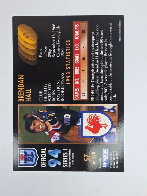 1994 Dynamic Series 1 Base Card #57 Brendan Hall Eastern Suburbs Roosters