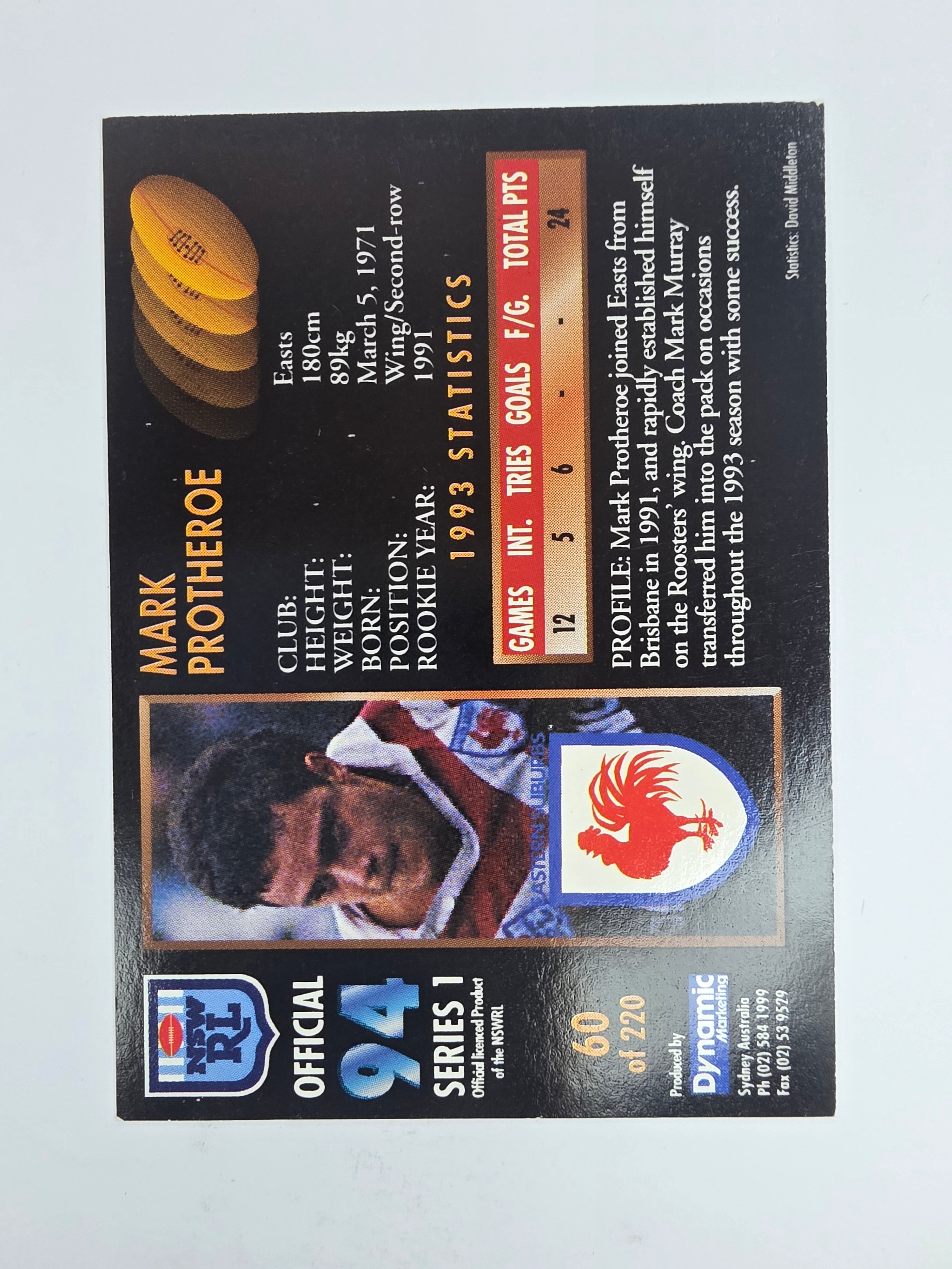 1994 Dynamic Series 1 Base Card #60 Mark Protheroe Eastern Suburbs Roosters