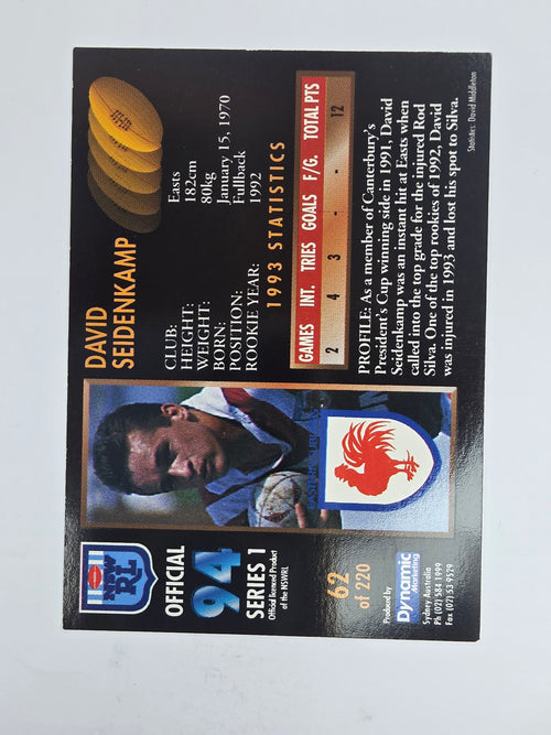 1994 Dynamic Series 1 Base Card #62 David Seidenkamp Eastern Suburbs Roosters