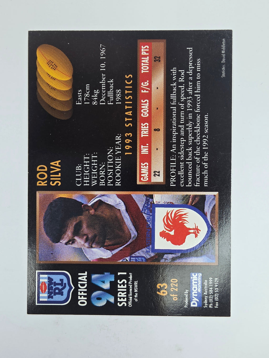 1994 Dynamic Series 1 Base Card #63 Rod Silva Eastern Suburbs Roosters
