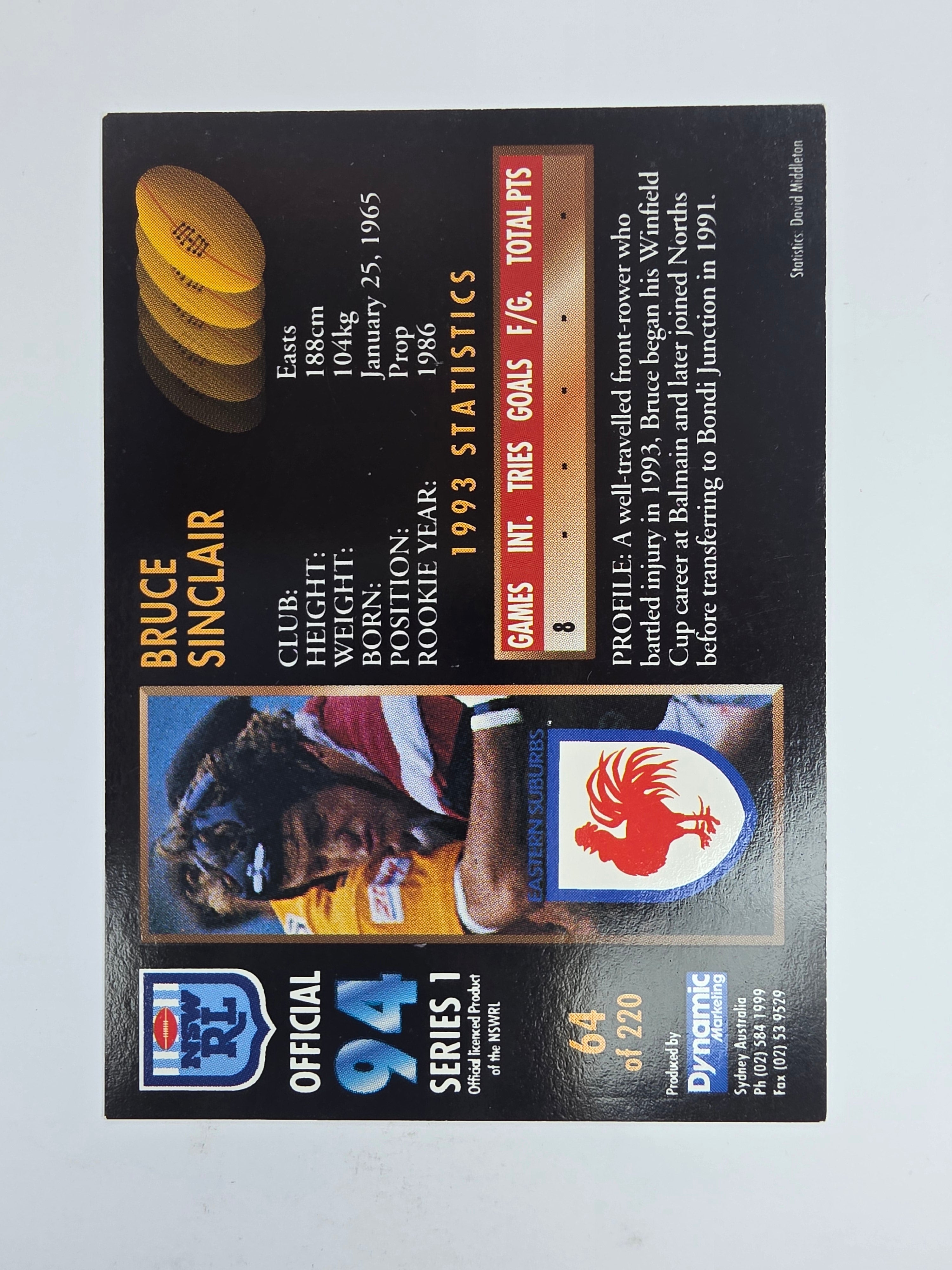 1994 Dynamic Series 1 Base Card #64 Bruce Sinclair Eastern Suburbs Roosters