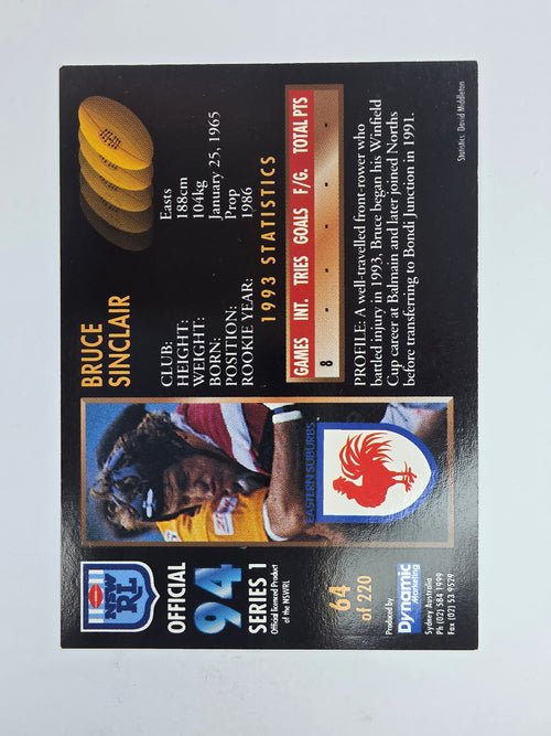 1994 Dynamic Series 1 Base Card #64 Bruce Sinclair Eastern Suburbs Roosters