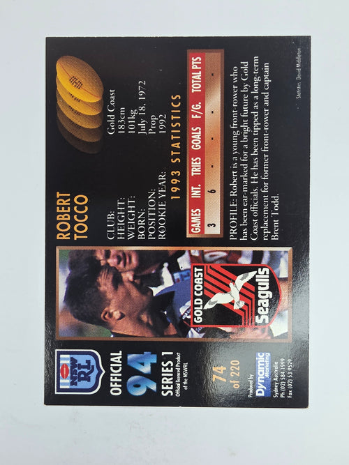 1994 Dynamic Series 1 Base Card #74 Robert Tocco Gold Coast Seagulls