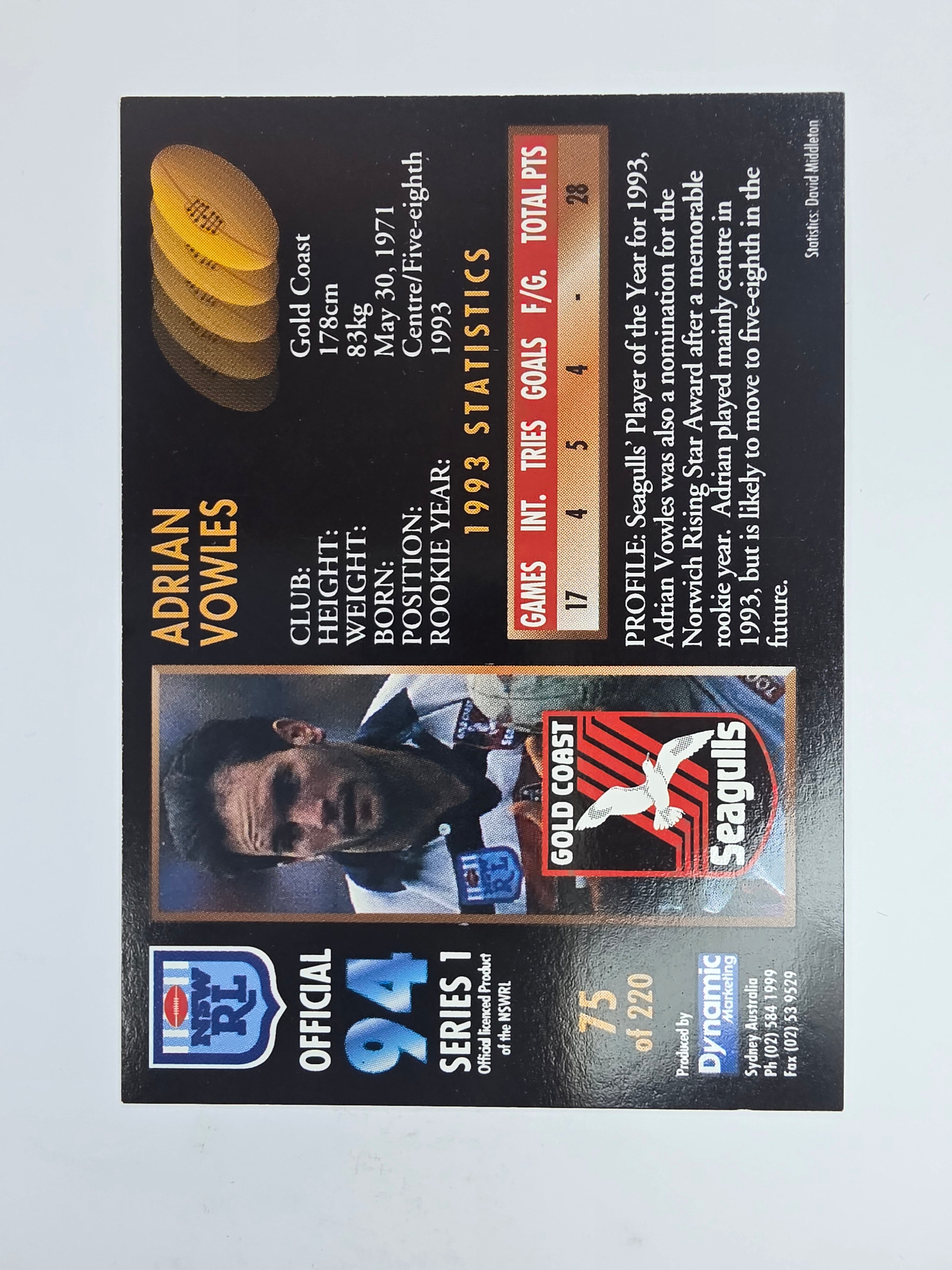 1994 Dynamic Series 1 Base Card #75 Adrian Vowles Gold Coast Seagulls