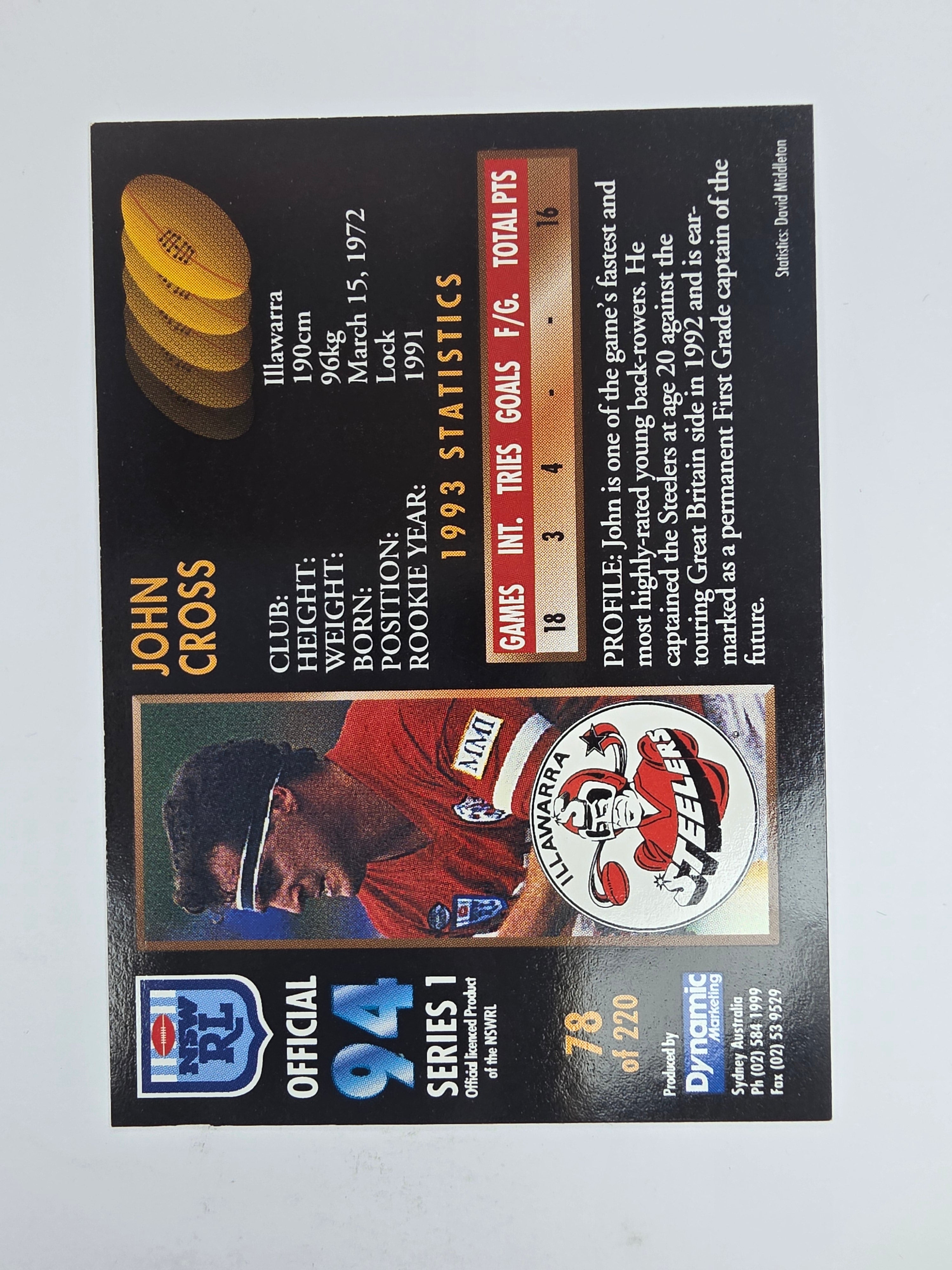 1994 Dynamic Series 1 Base Card #78 John Cross Illawarra Steelers