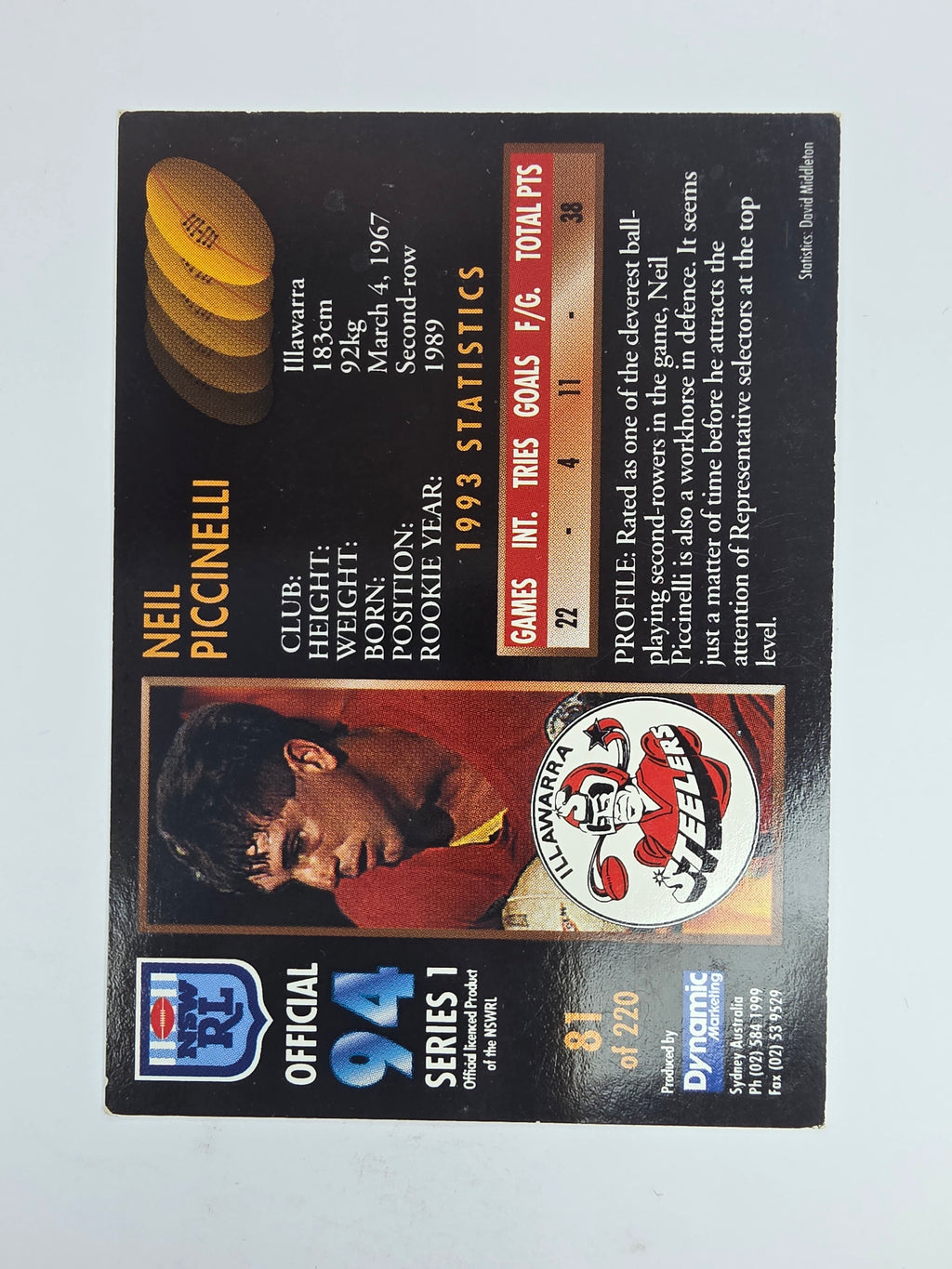 1994 Dynamic Series 1 Base Card #81 Neil Piccinelli Illawarra Steelers