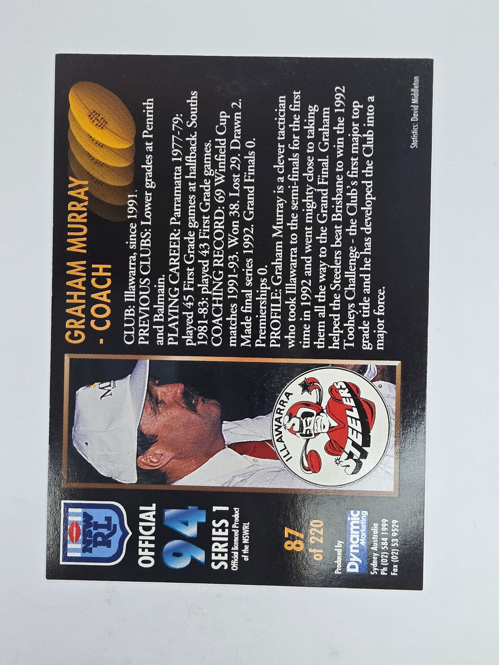 1994 Dynamic Series 1 Base Card #87 Graham Murray Illawarra Steelers