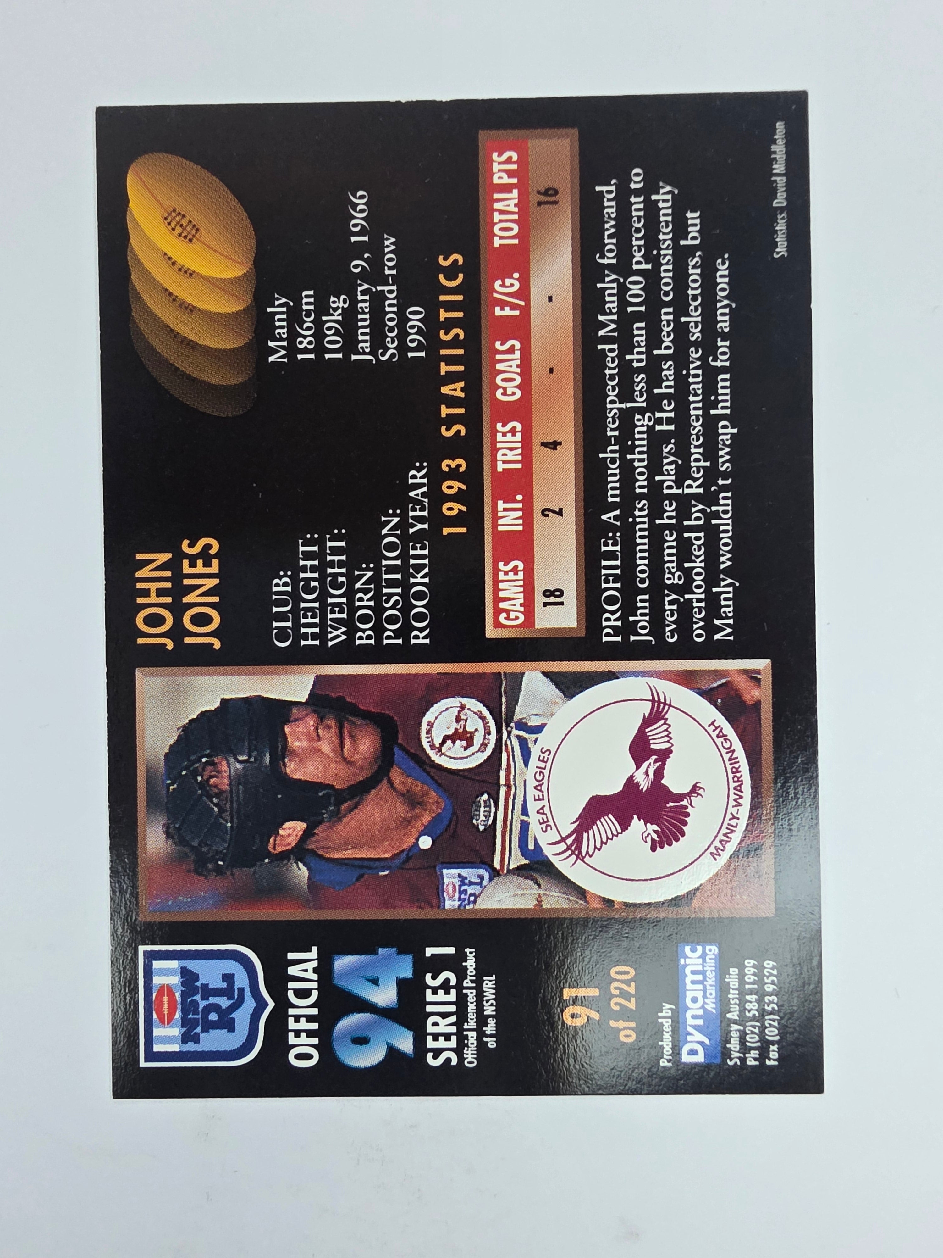 1994 Dynamic Series 1 Base Card #91 John Jones Manly Warringah Sea Eagles