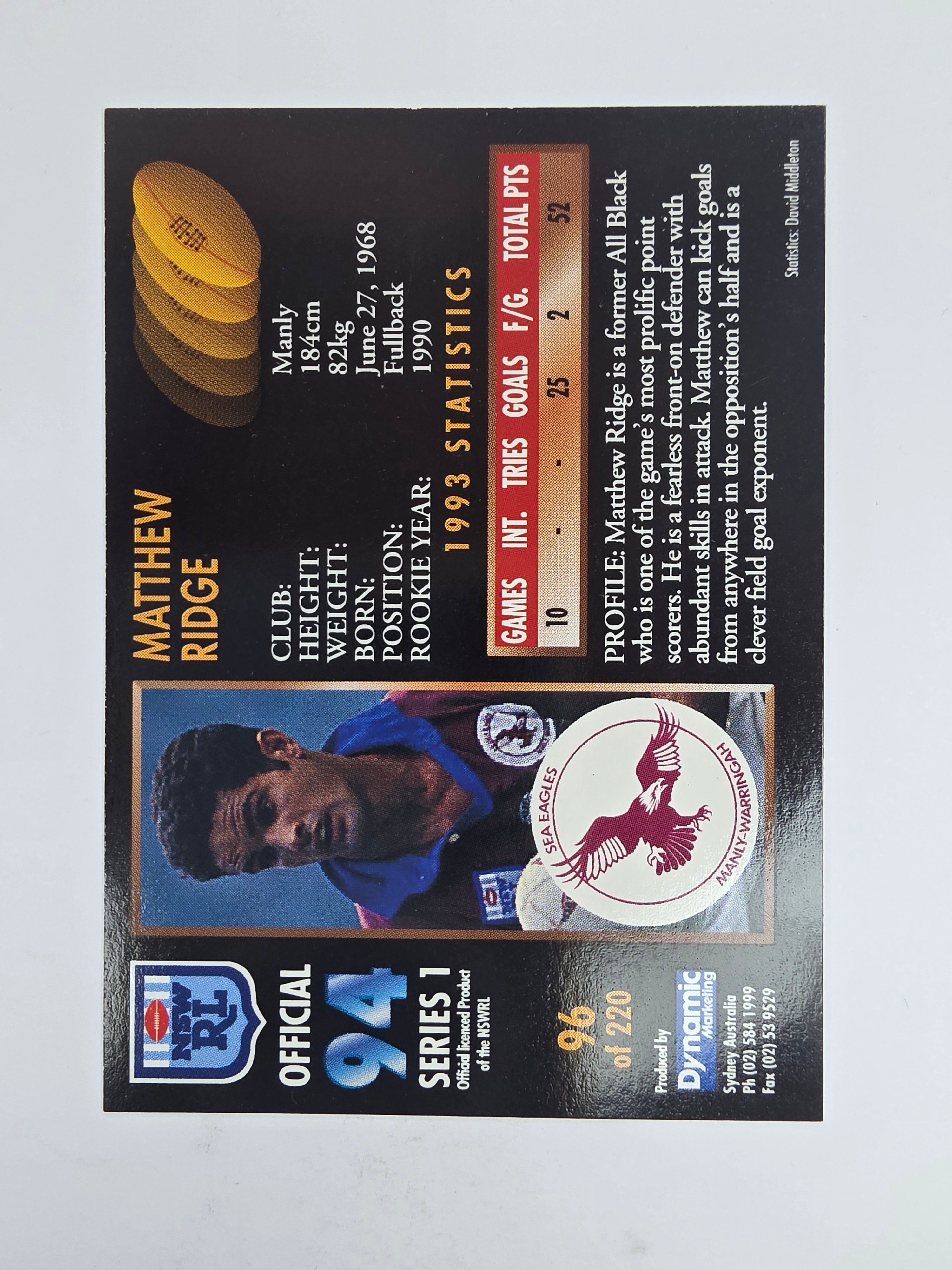 1994 Dynamic Series 1 Base Card #96 Matthew Ridge Manly Warringah Sea Eagles