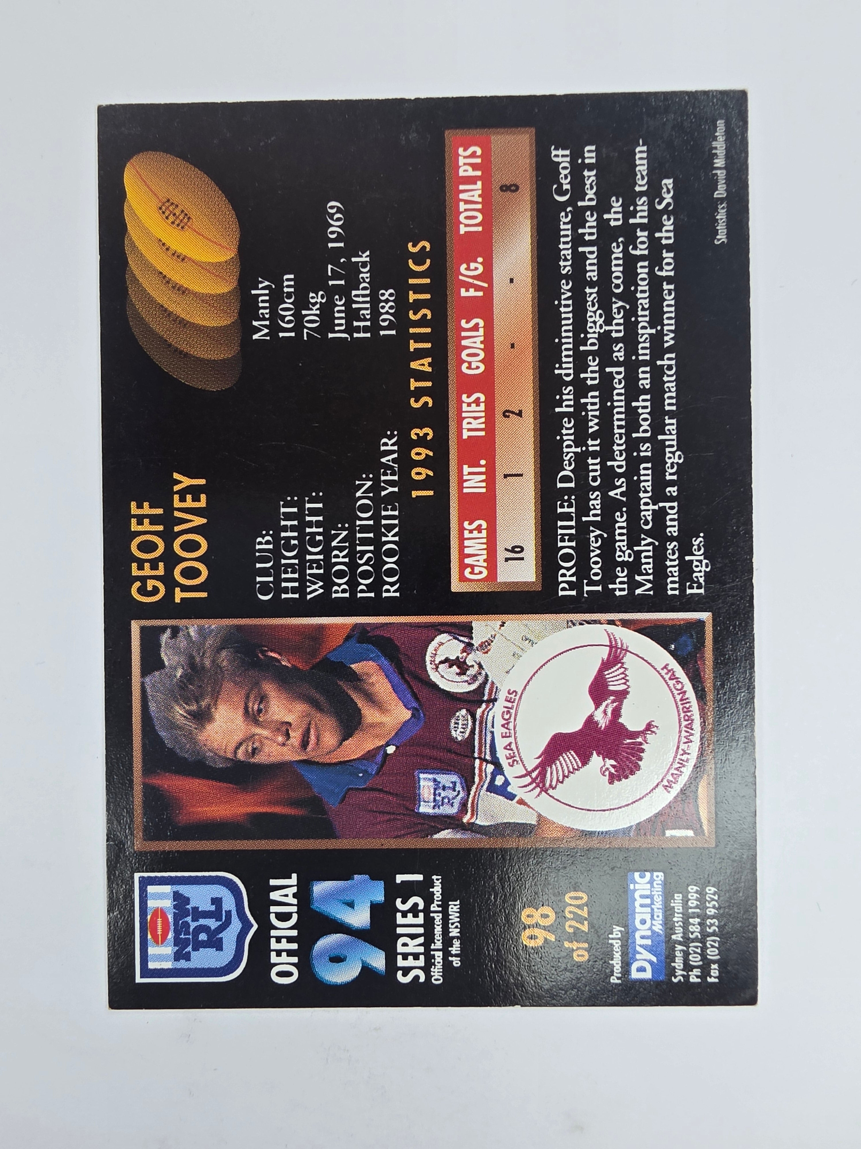 1994 Dynamic Series 1 Base Card #98 Geoff Toovey Manly Warringah Sea Eagles