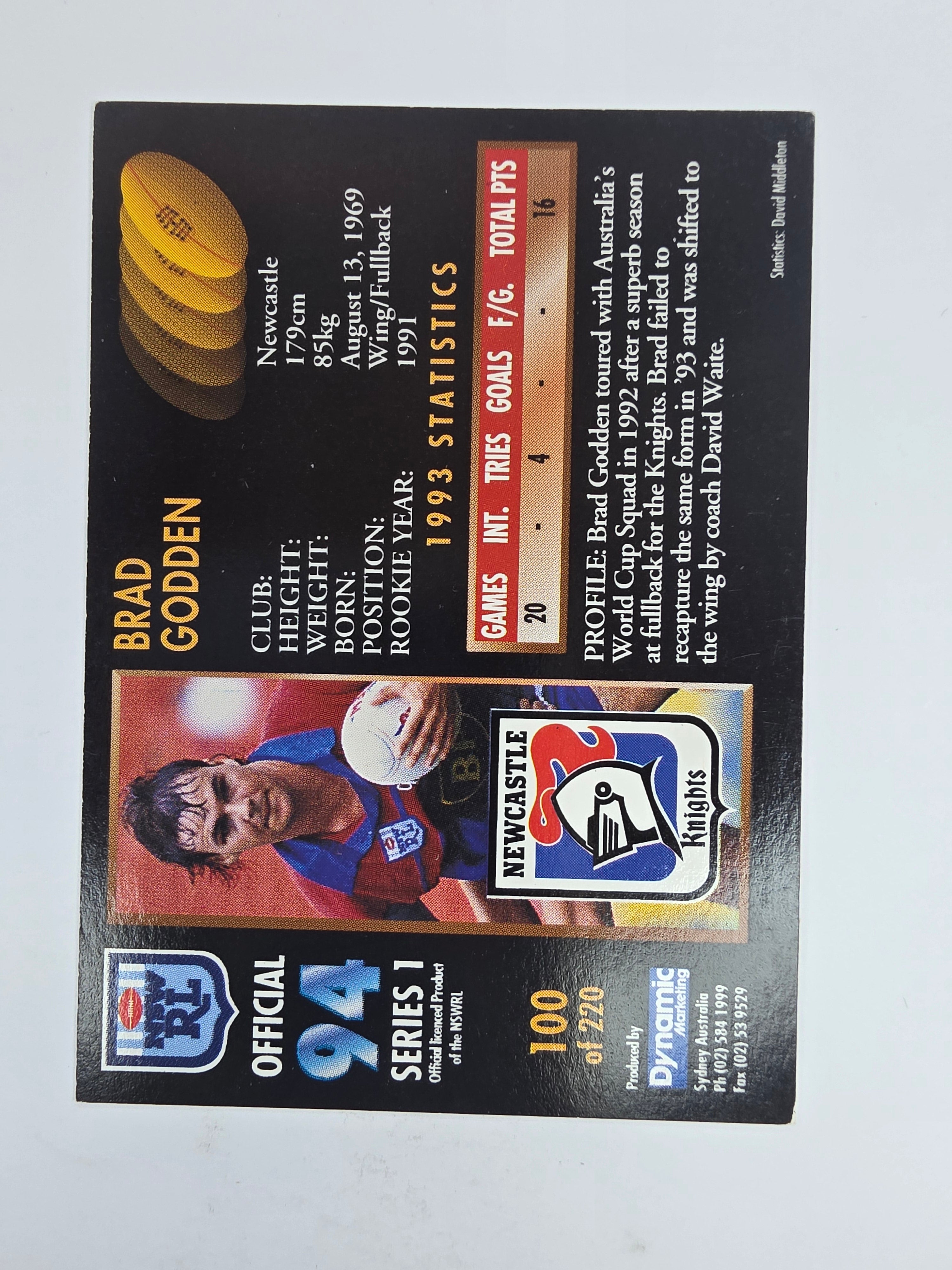 1994 Dynamic Series 1 Base Card #100 Brad Godden Newcastle Knights