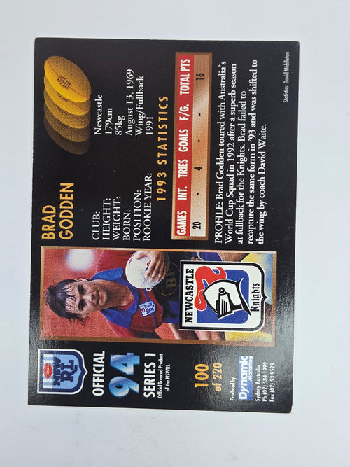 1994 Dynamic Series 1 Base Card #100 Brad Godden Newcastle Knights
