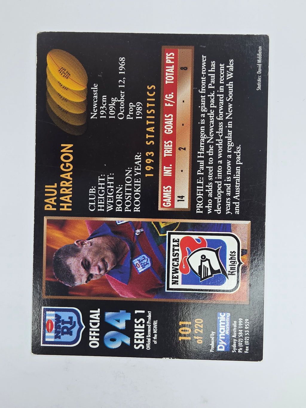 1994 Dynamic Series 1 Base Card #101 Paul Harragon Newcastle Knights