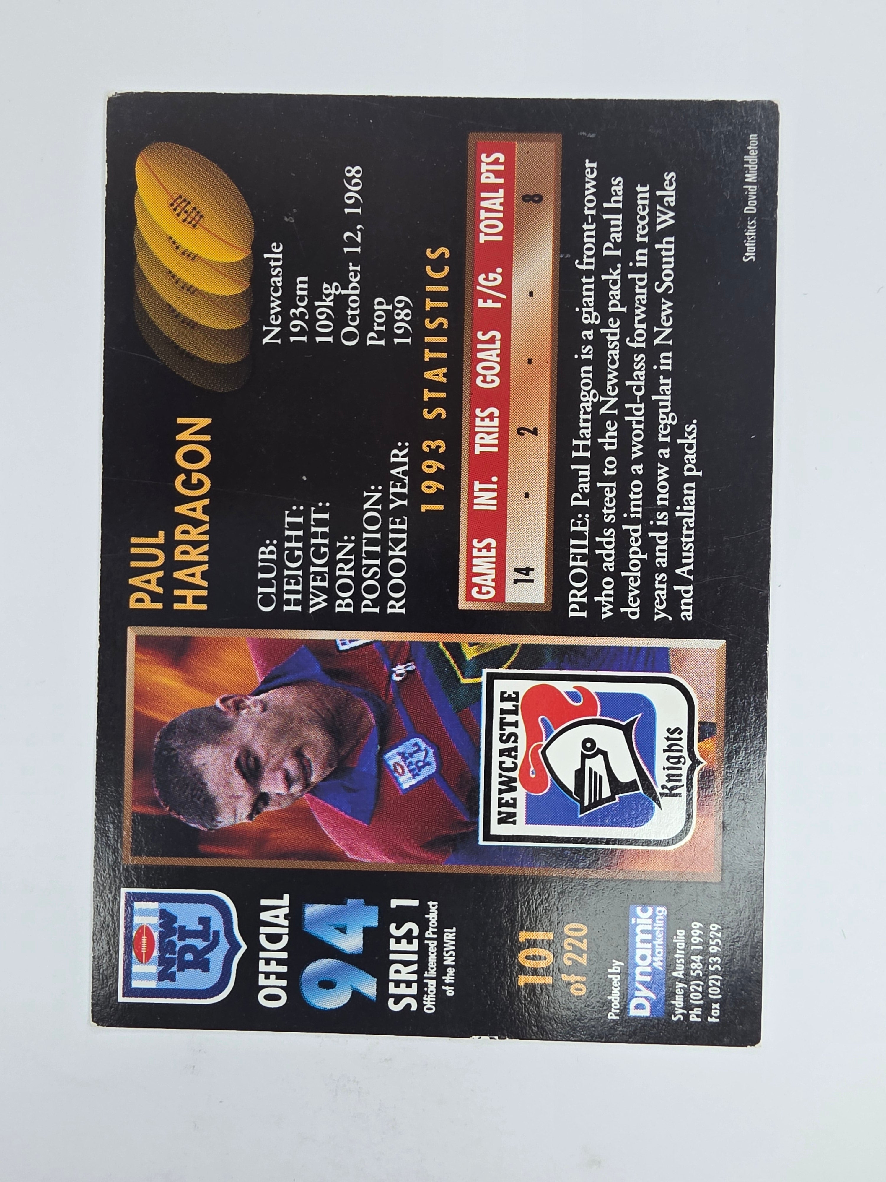 1994 Dynamic Series 1 Base Card #101 Paul Harragon Newcastle Knights