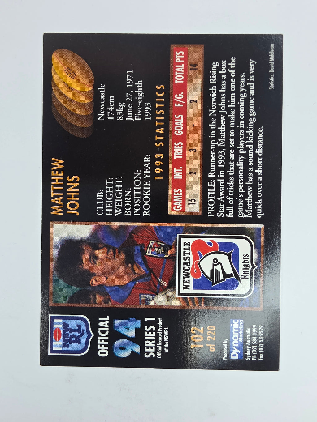 1994 Dynamic Series 1 Base Card #102 Matthew Johns Newcastle Knights