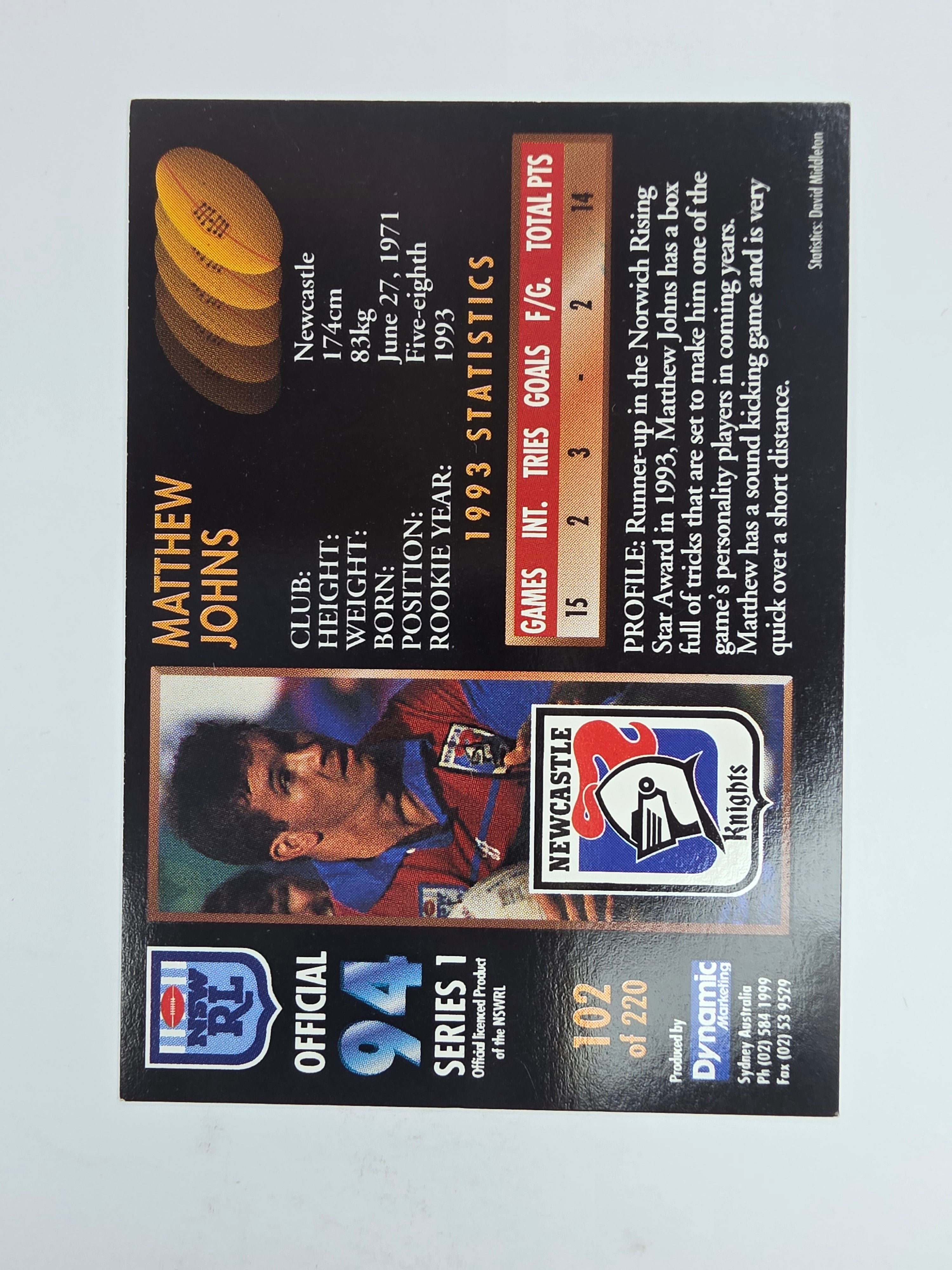 1994 Dynamic Series 1 Base Card #102 Matthew Johns Newcastle Knights